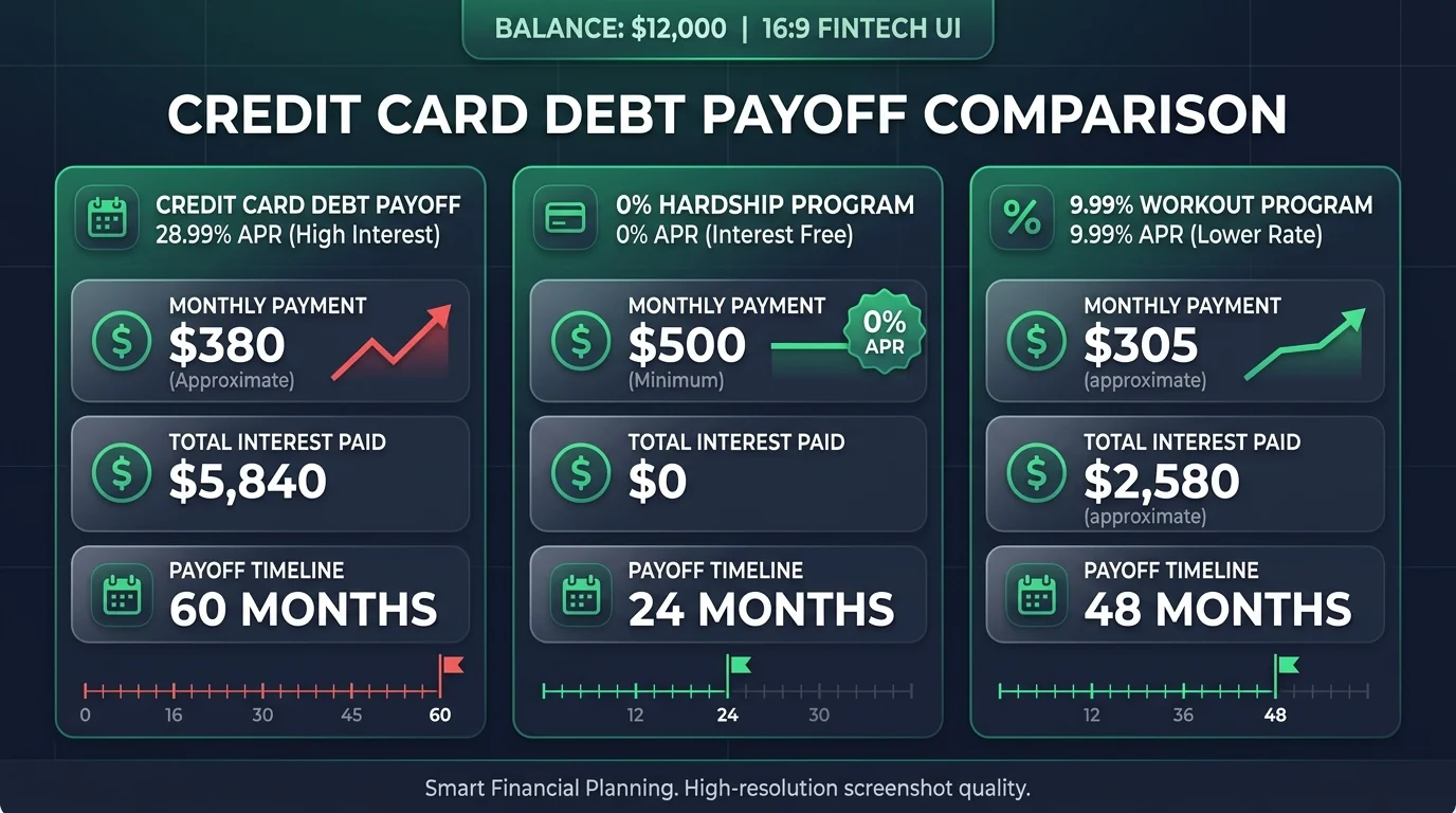 Data visualization chart comparing credit card debt payoff under 28.99% standard APR versus 0% hardship program and 9.99% workout plan on a $12,000 balance.