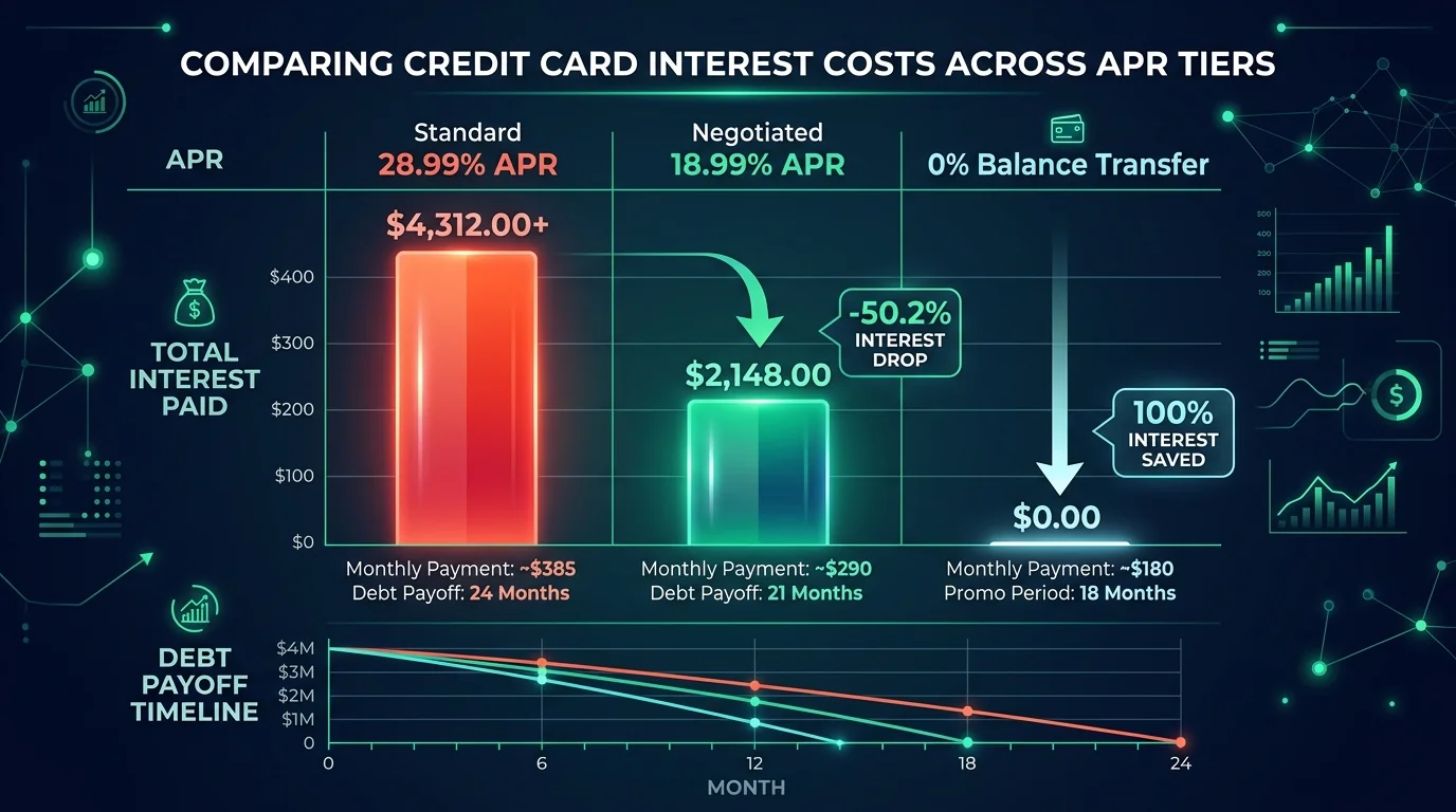 Data visualization chart illustrating total interest paid across 28.99% APR, 18.99% negotiated APR, and 0% balance transfer tiers.