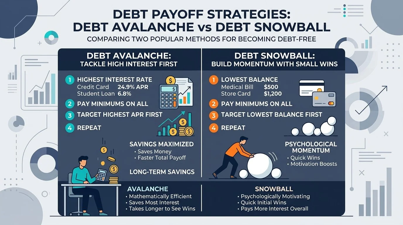 Debt avalanche vs debt snowball method comparison chart illustrating mathematical savings versus psychological momentum