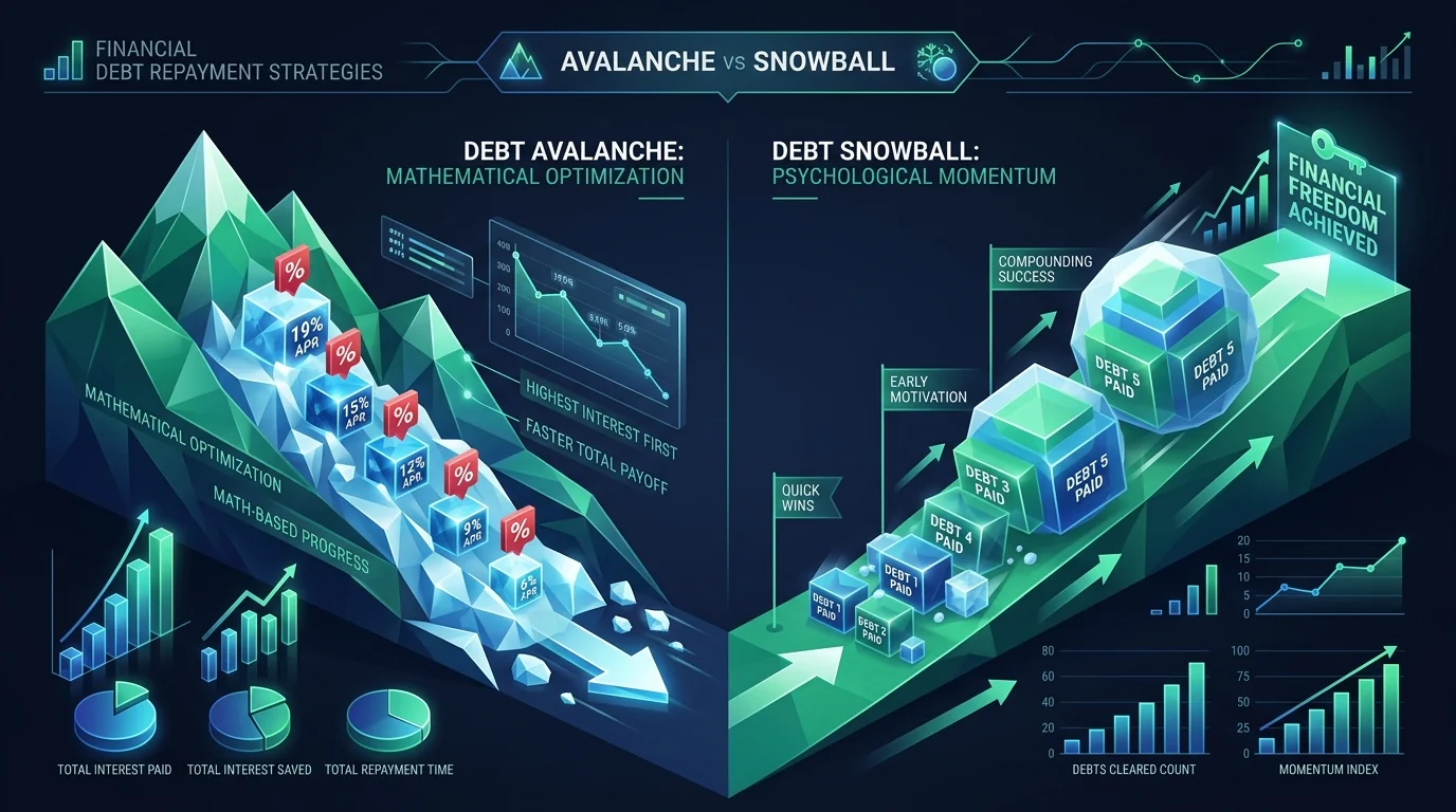 Debt Avalanche vs Debt Snowball Comparison Infographic showing interest rate optimization and psychological momentum