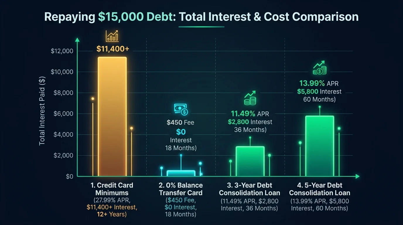 Financial bar chart showing total interest paid and payoff duration on $15,000 debt across credit card minimums, 0% balance transfer card, and 3-year vs 5-year consolidation loans.