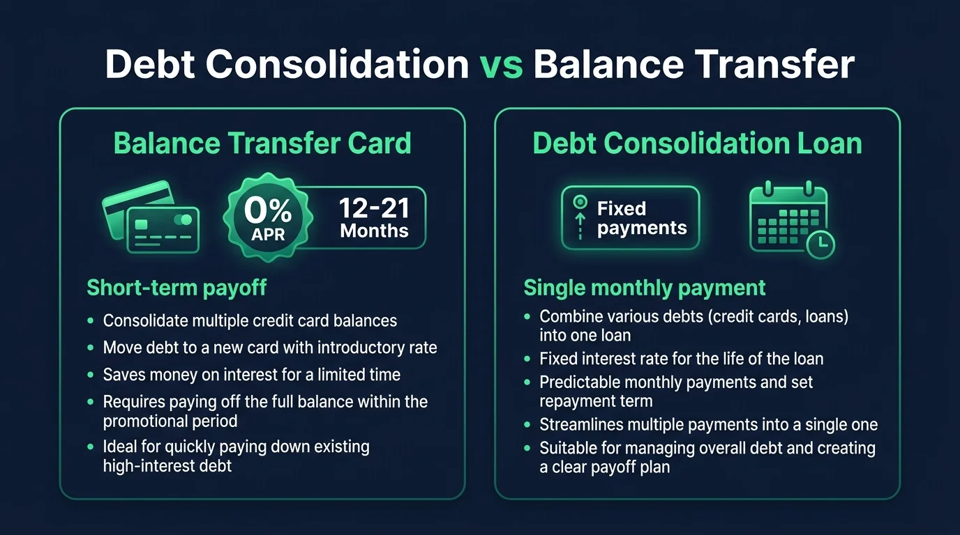 Fintech comparison infographic of balance transfer cards with 0% APR for 12-21 months versus fixed-rate personal debt consolidation loans