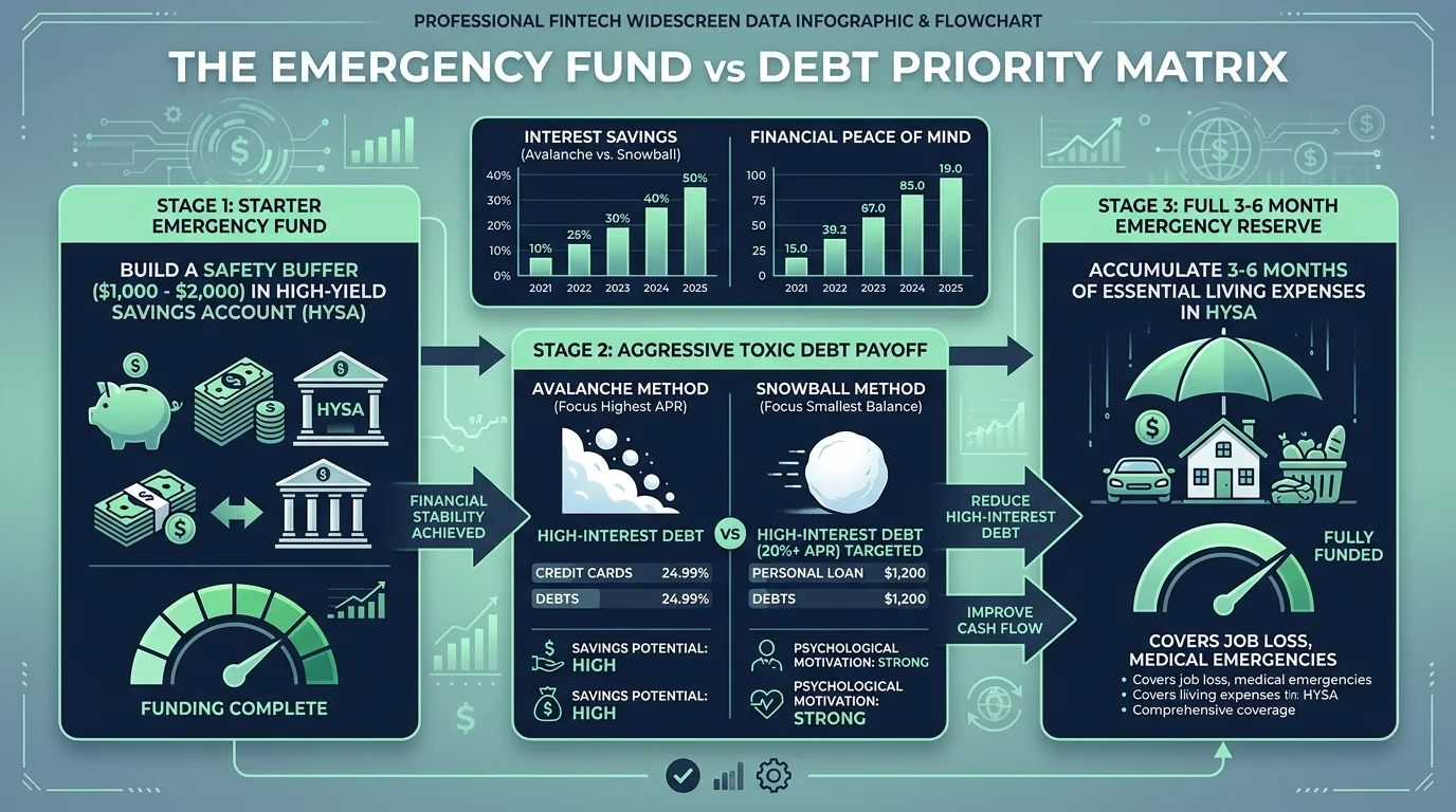 Flowchart showing 3 stages of personal finance: stage 1 starter emergency fund buffer, stage 2 aggressive toxic debt payoff, and stage 3 fully funded emergency reserve
