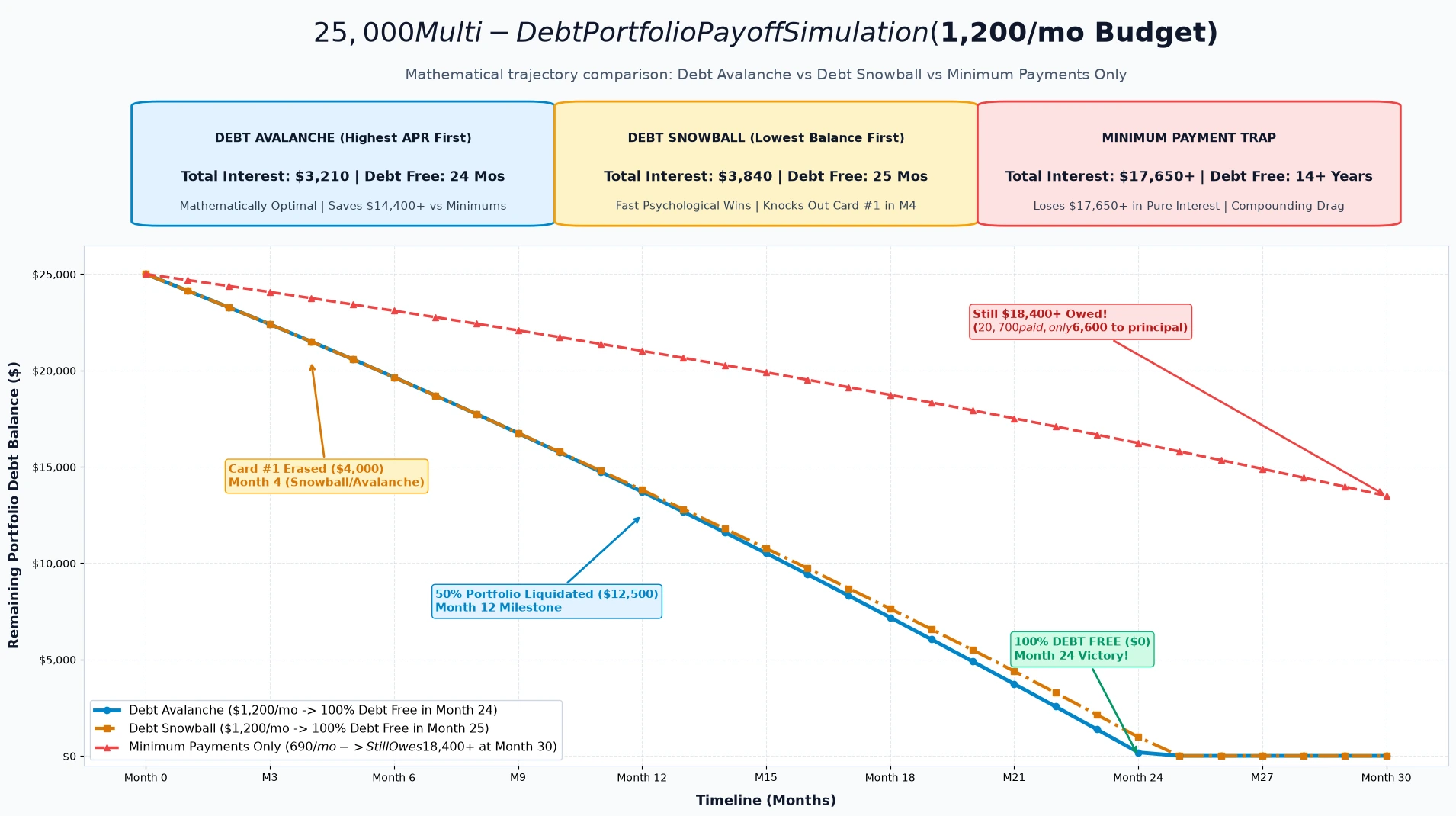 Comparison chart of debt prioritization methods showing payoff timeline and interest savings between debt avalanche and snowball