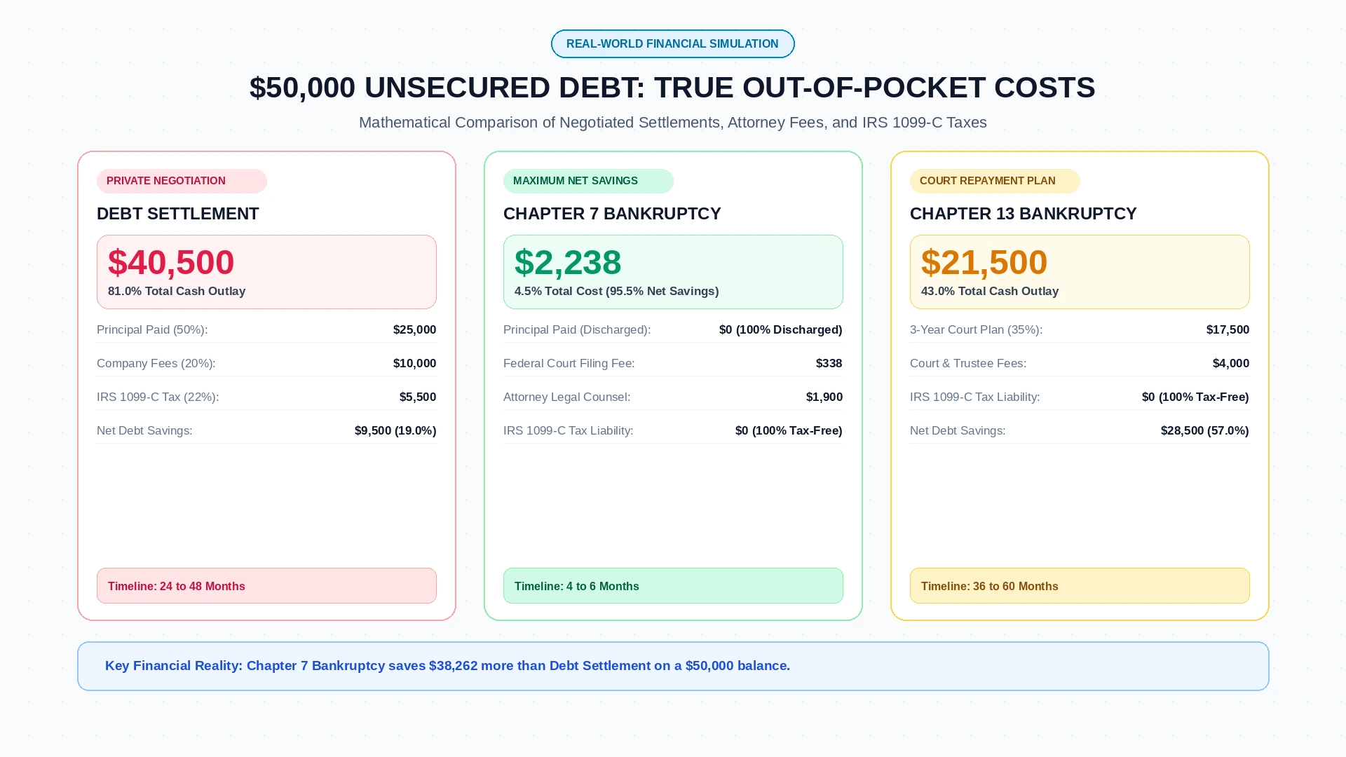Debt Settlement vs Bankruptcy data chart comparing $50,000 debt payoff across Debt Settlement, Chapter 7, and Chapter 13 Bankruptcy