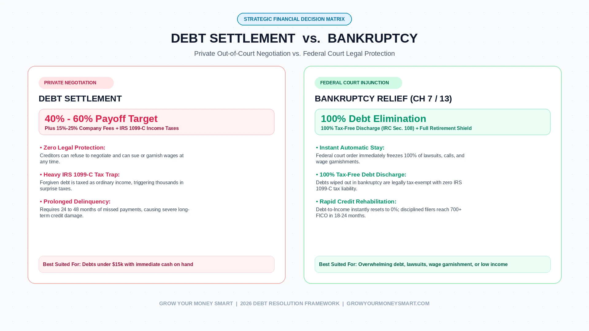 Debt Settlement vs Bankruptcy comparison matrix highlighting legal status, costs, 1099-C tax liability, and credit score impacts