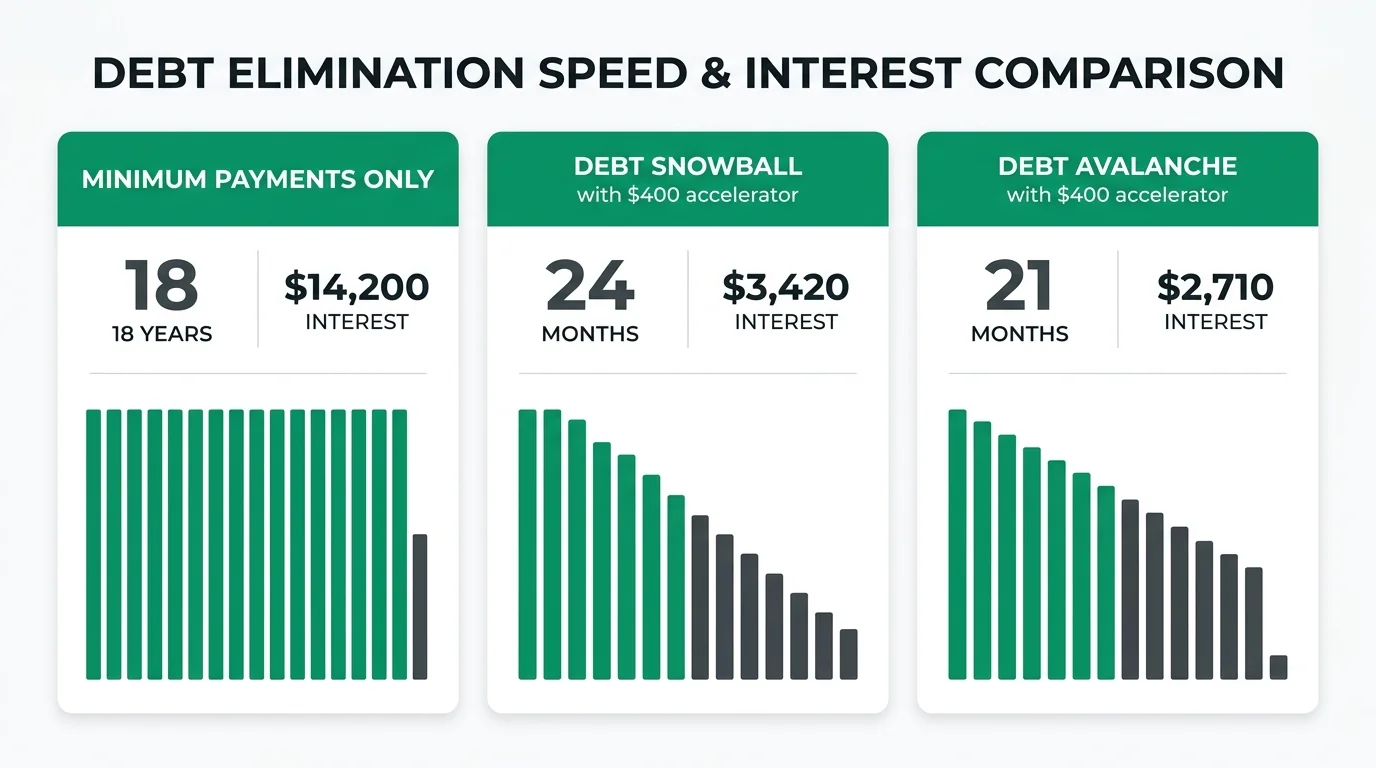 Financial comparison chart showing minimum payments taking 18 years and 14200 dollars in interest vs debt snowball payoff in 24 months and avalanche in 21 months