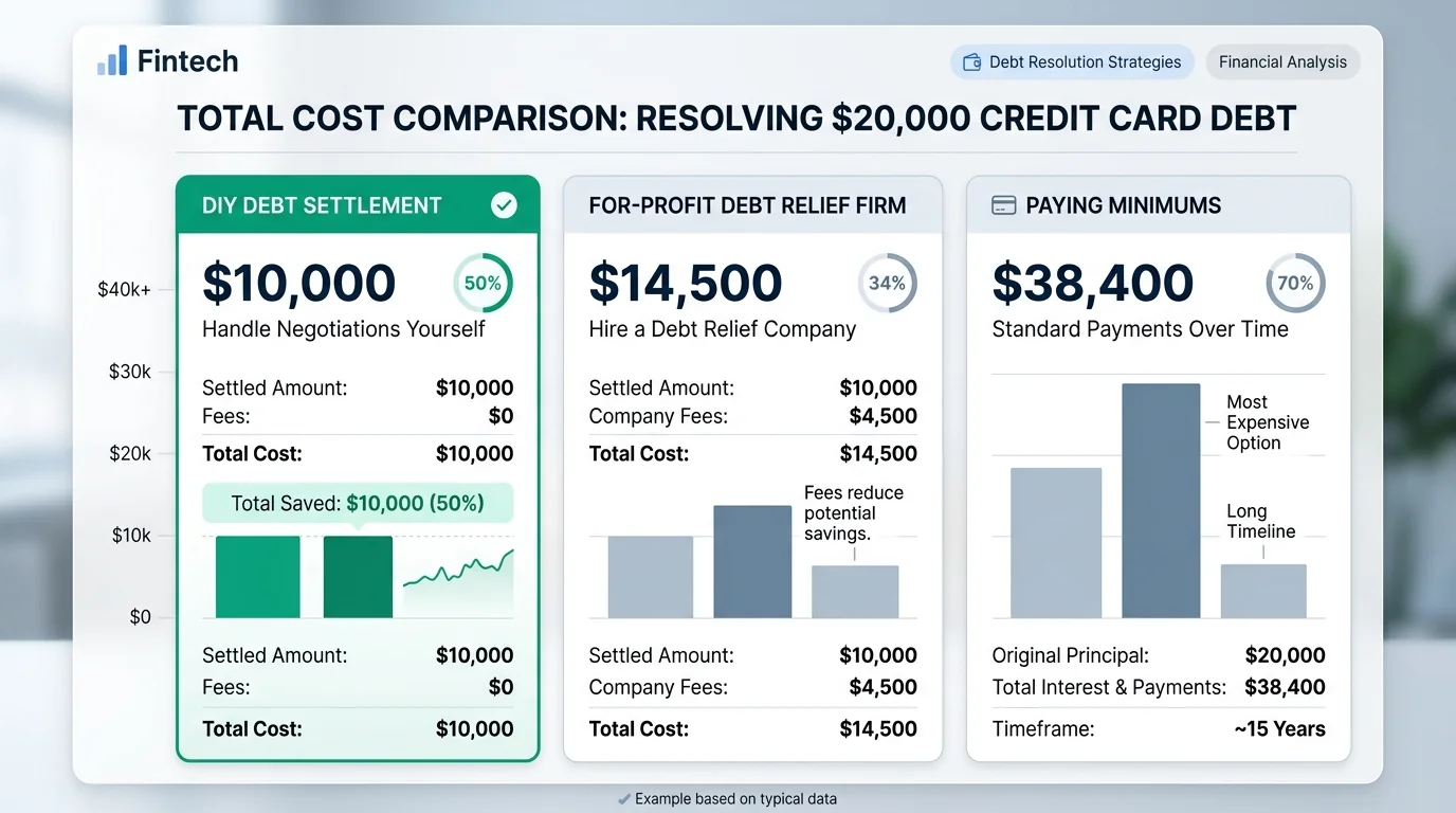 Financial bar chart comparing total cost to resolve $20,000 in credit card debt across DIY settlement, for-profit settlement company, and minimum payments.