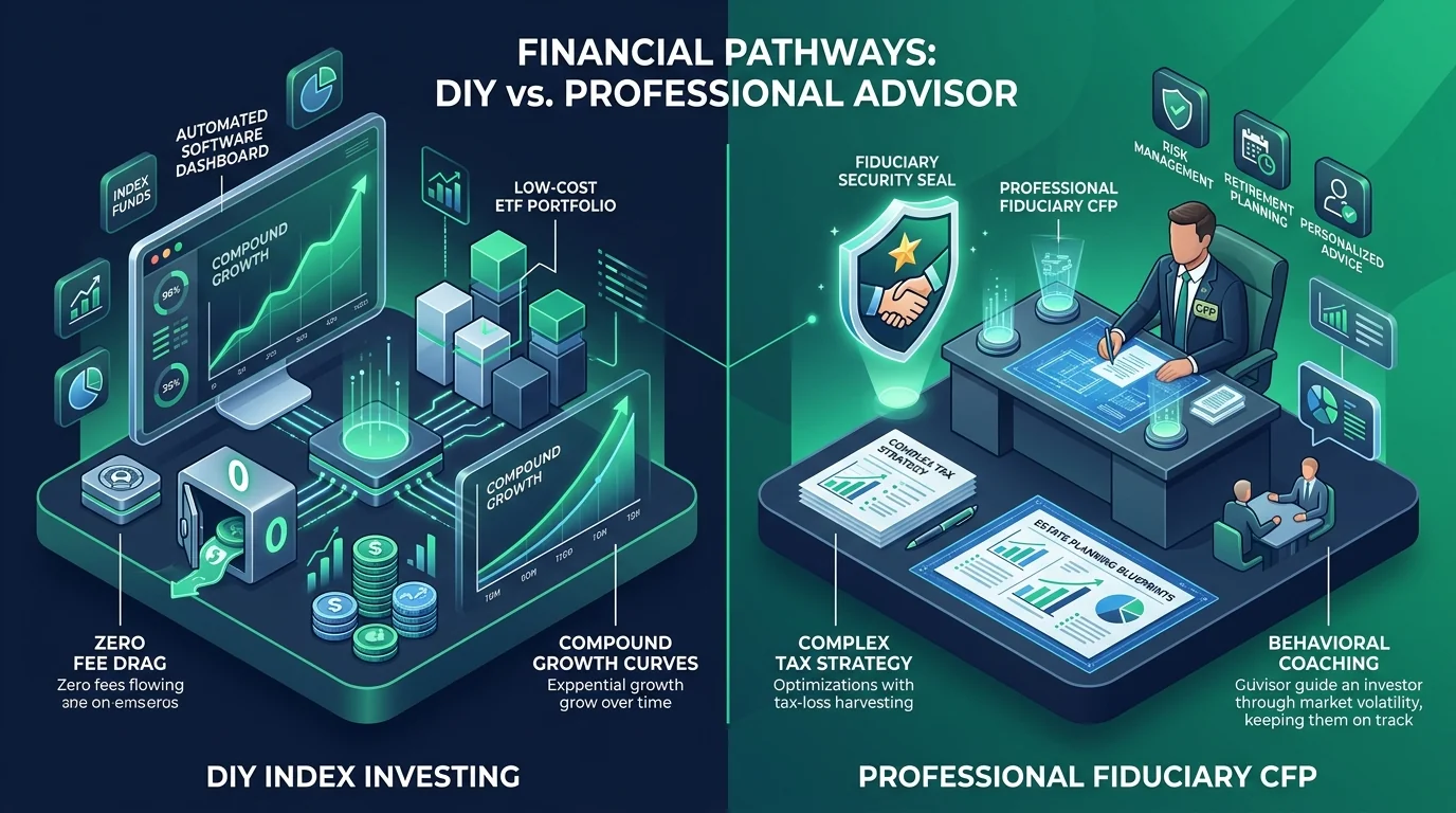 DIY Investing vs Financial Advisor showing automated low cost ETF investing versus professional fiduciary CFP planning