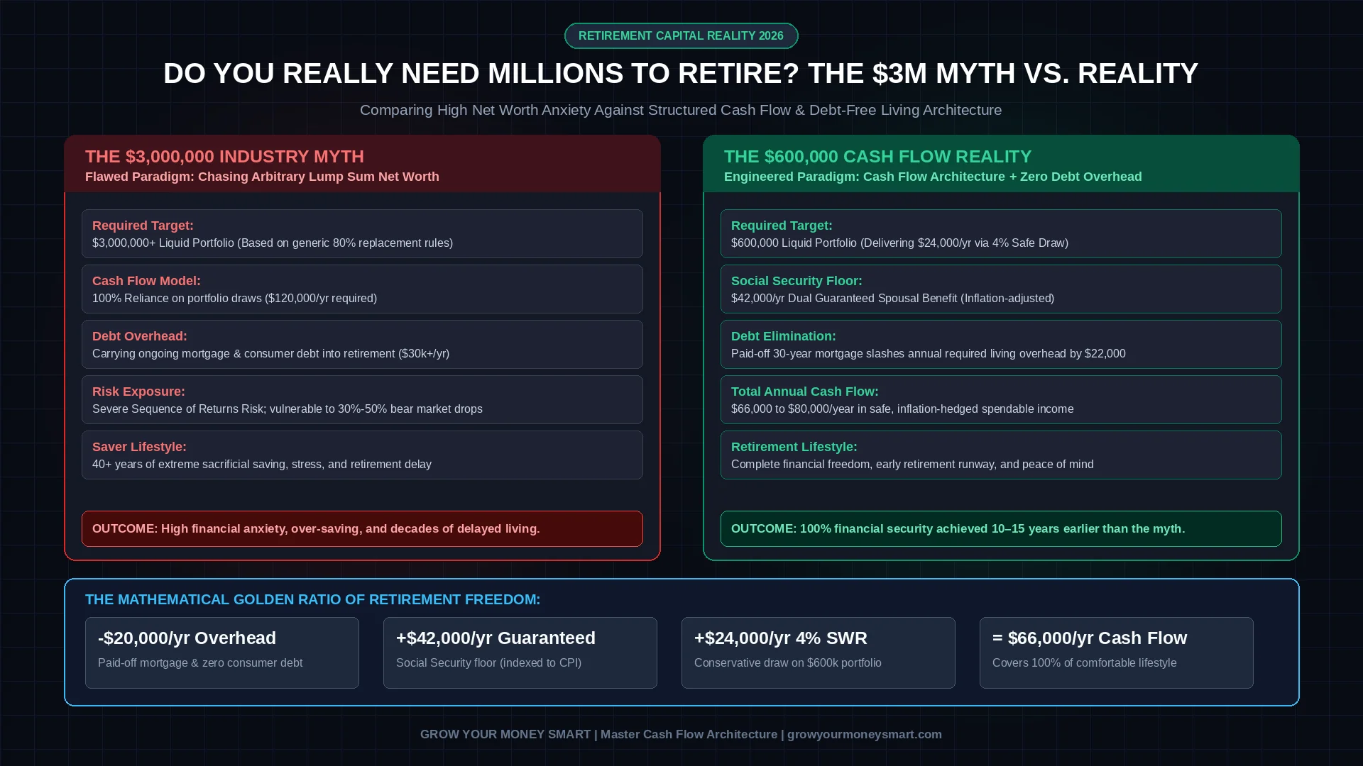 Do you really need millions to retire infographic comparing the 3 million myth against a 600k debt-free cash flow model