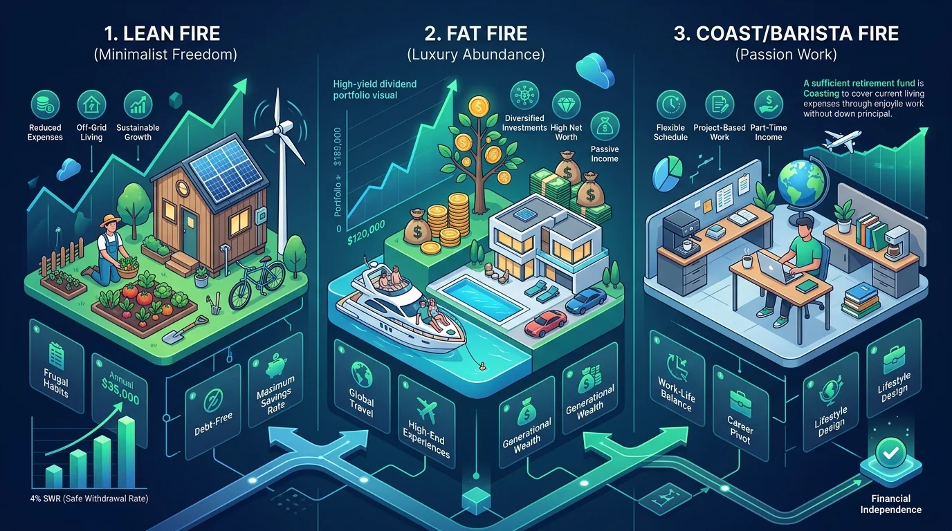 Early Retirement Planning 3D Infographic showing Lean FIRE Fat FIRE and Coast Barista FIRE Models
