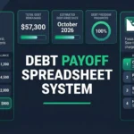 Fintech dashboard mockup of a free debt payoff Excel and Google Sheets template featuring snowball and avalanche calculators with progress tracking