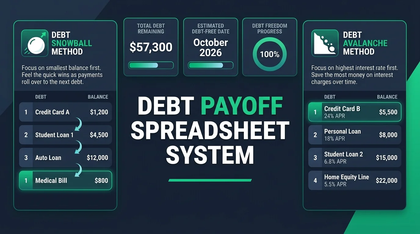 Fintech dashboard mockup of a free debt payoff Excel and Google Sheets template featuring snowball and avalanche calculators with progress tracking