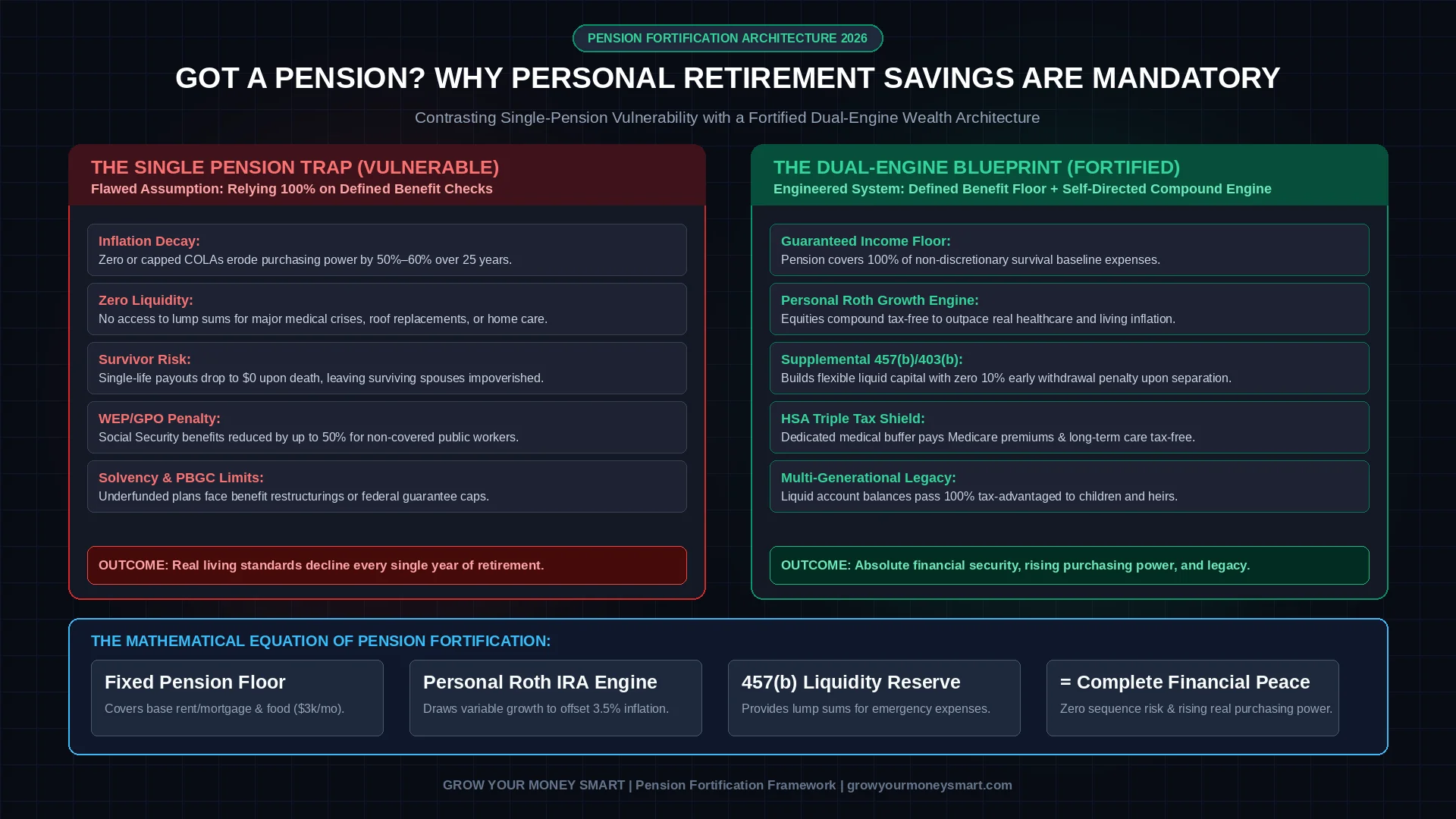 Got a pension why you still need personal retirement savings infographic showing pension inflation decay vs dual-engine wealth architecture