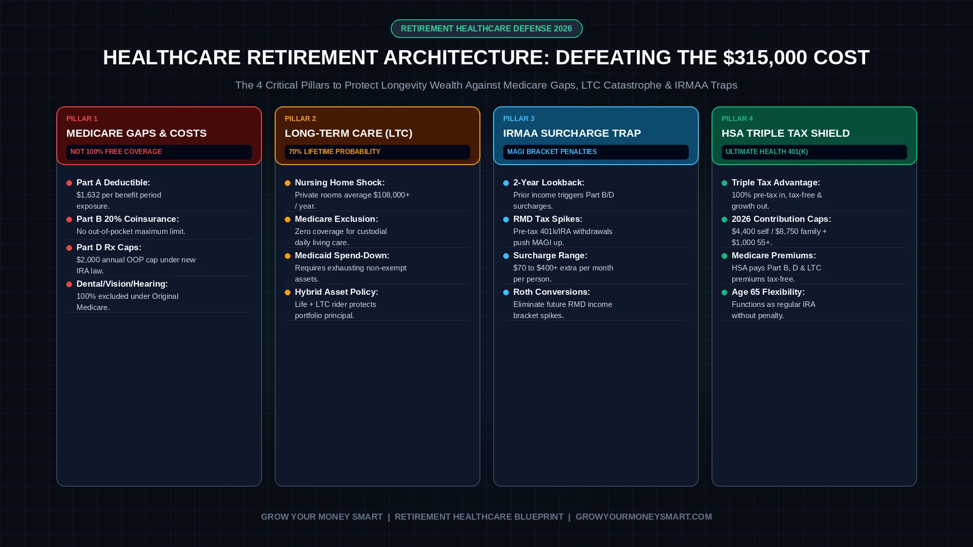 Healthcare Costs in Retirement Infographic illustrating Medicare gaps, Long-Term Care risks, IRMAA surcharges, and HSA tax shield