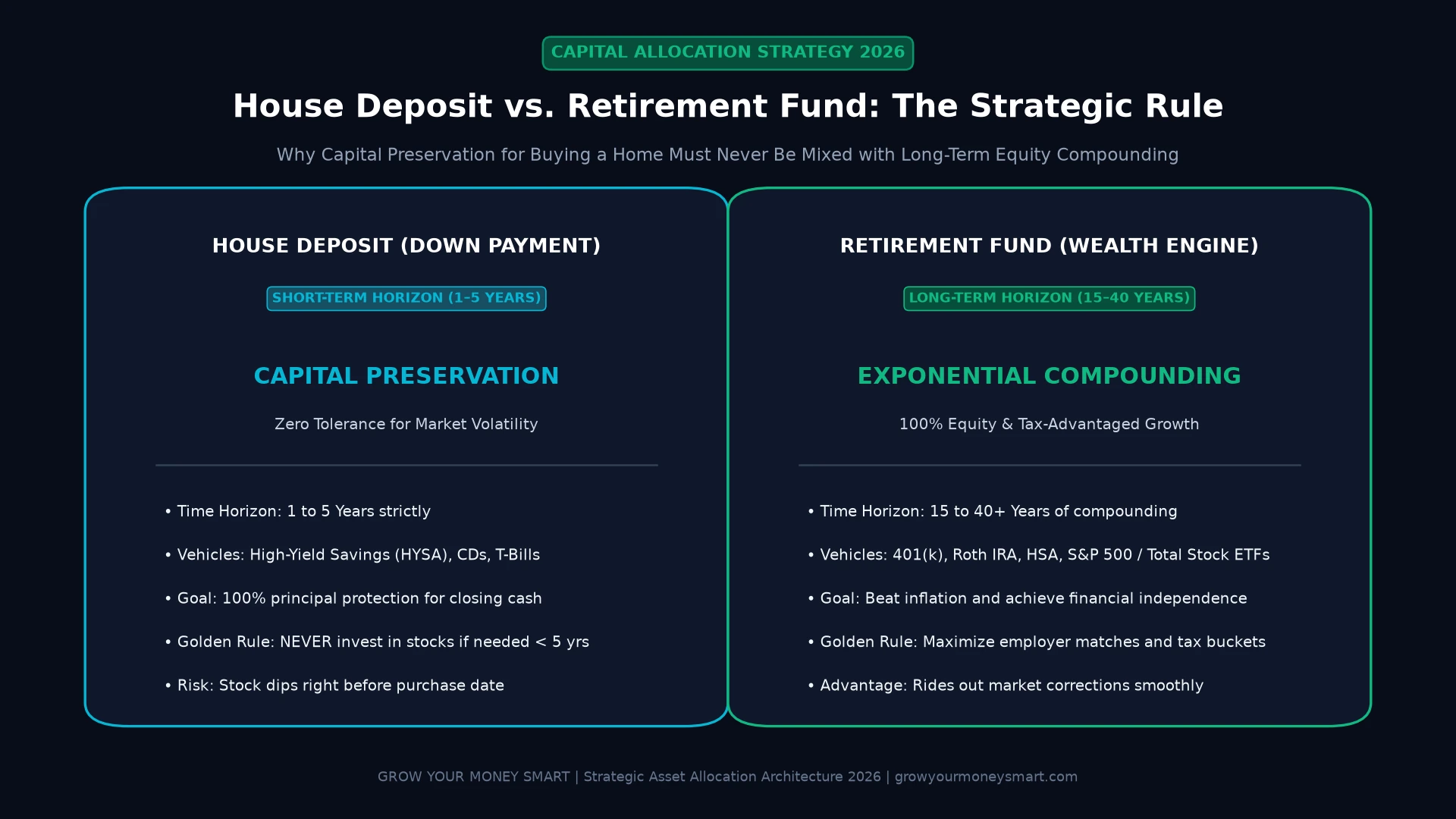Infographic comparing short-term house deposit strategy with long-term retirement fund compounding