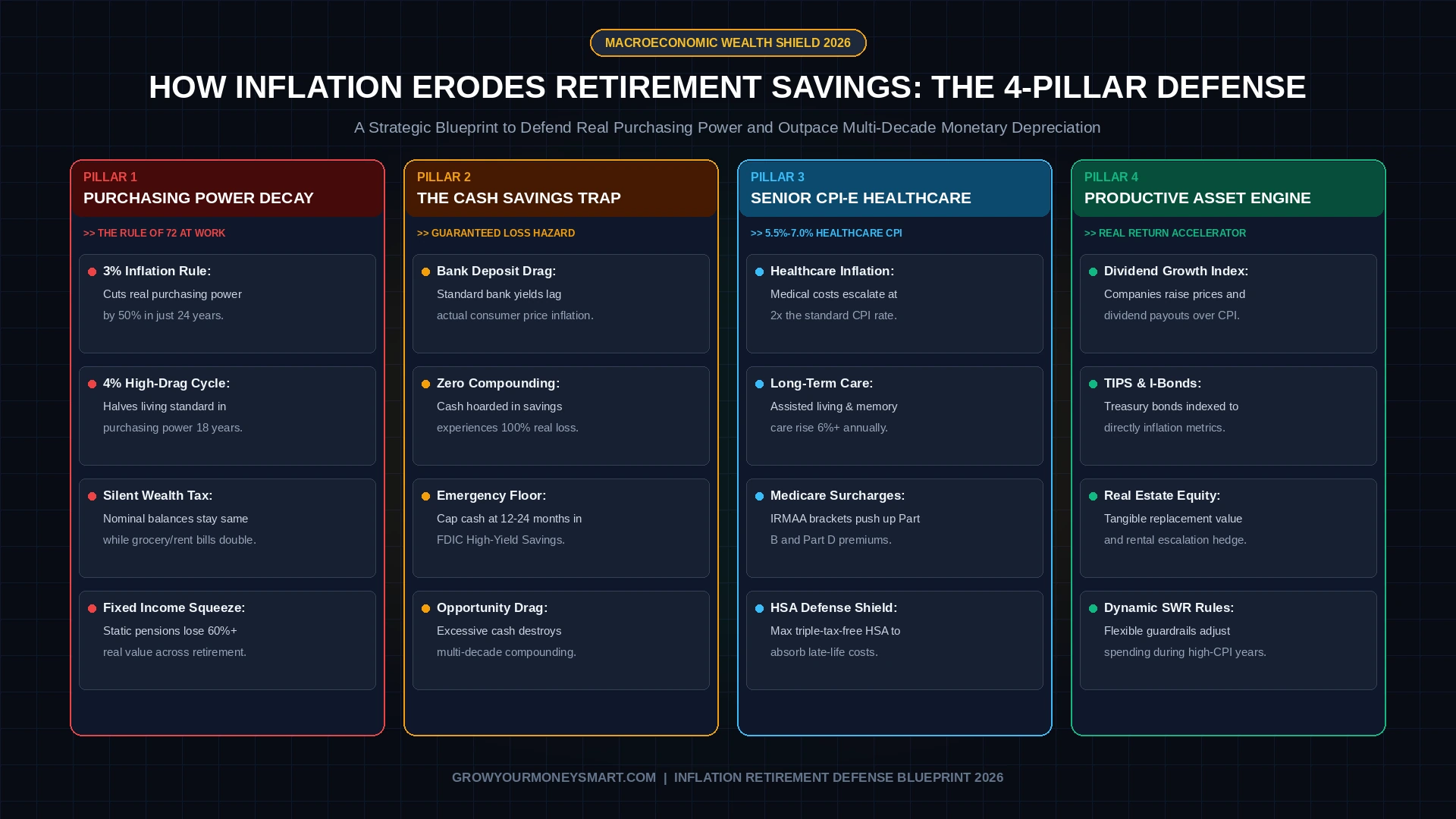 How inflation erodes retirement savings infographic illustrating the 4-pillar defense: purchasing power decay, cash savings trap, CPI-E healthcare inflation, and productive equity engine.