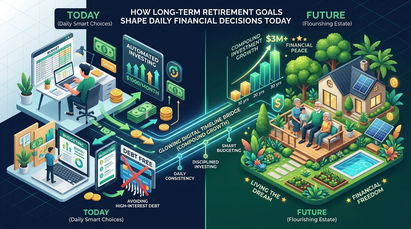 How Long-Term Retirement Goals Shape Daily Financial Decisions showing budgeting timeline bridge to future wealth estate
