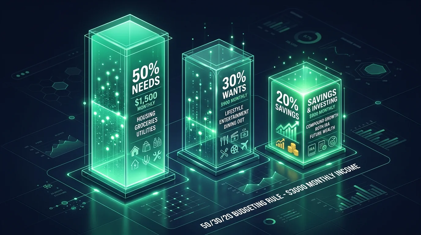 50 30 20 Budgeting Rule 3D Infographic for 3000 Dollar Monthly Income showing Needs Wants and Savings