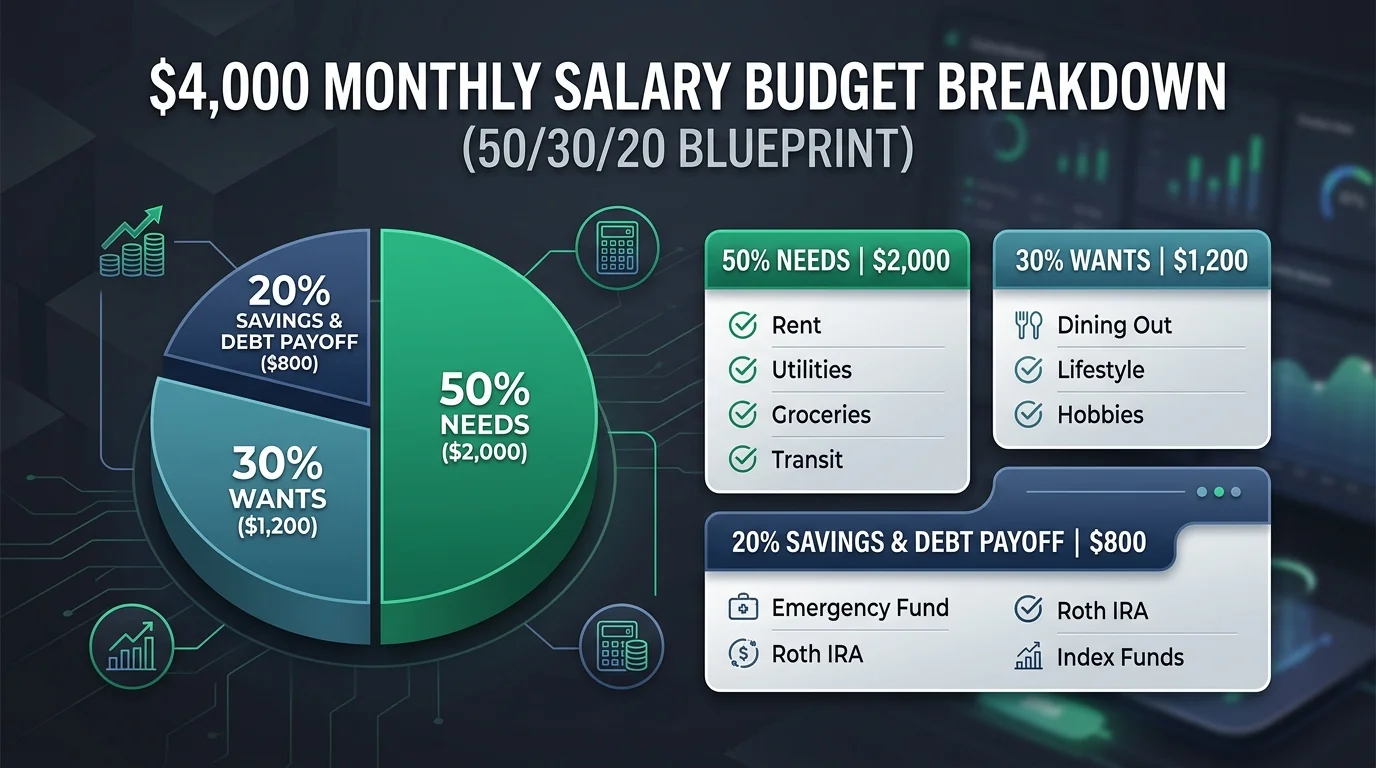 How to budget a $4,000 monthly salary breakdown infographic showing 50% needs, 30% wants, and 20% savings