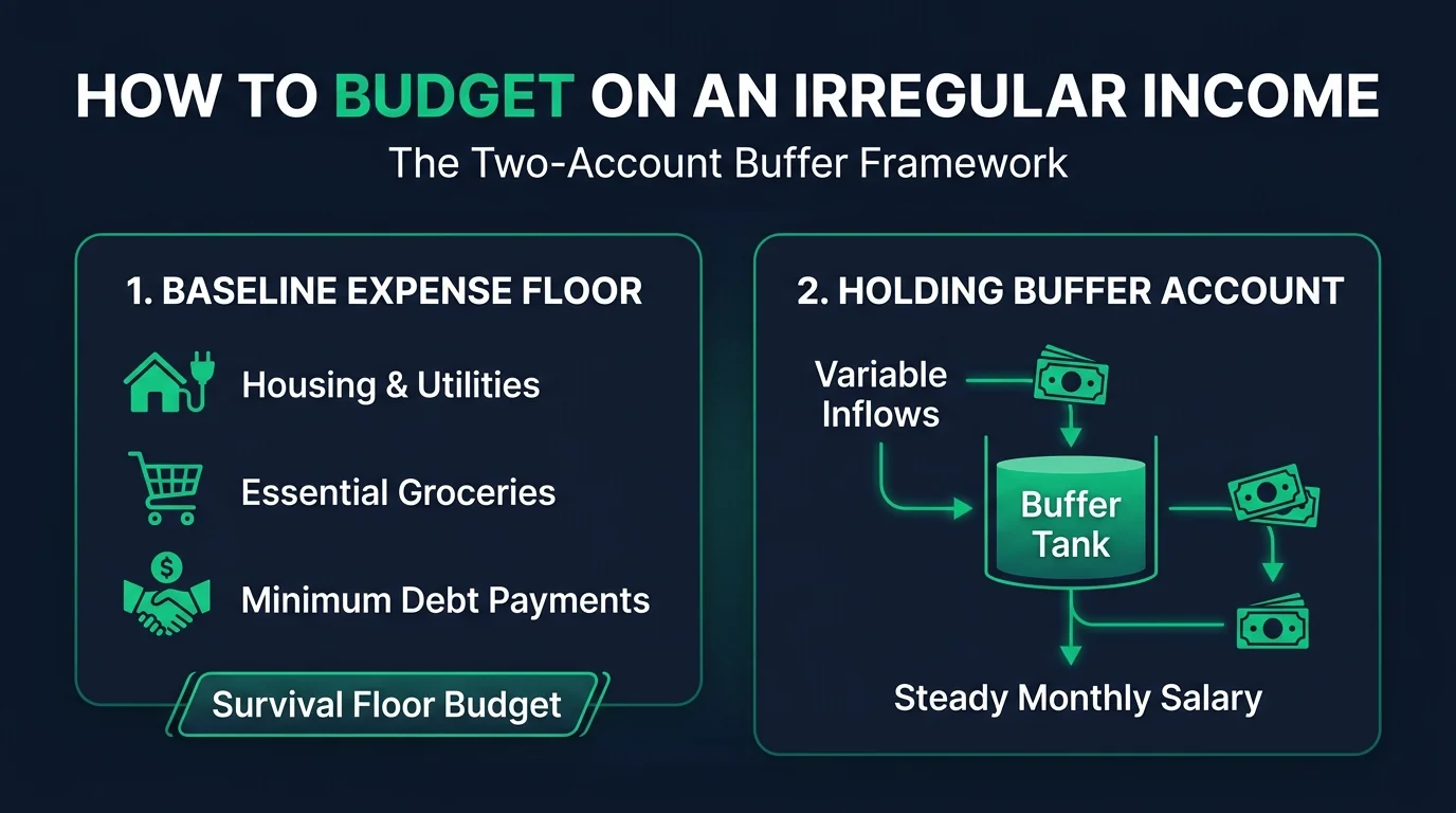 How to budget on an irregular income infographic showing baseline expense floor and holding buffer account