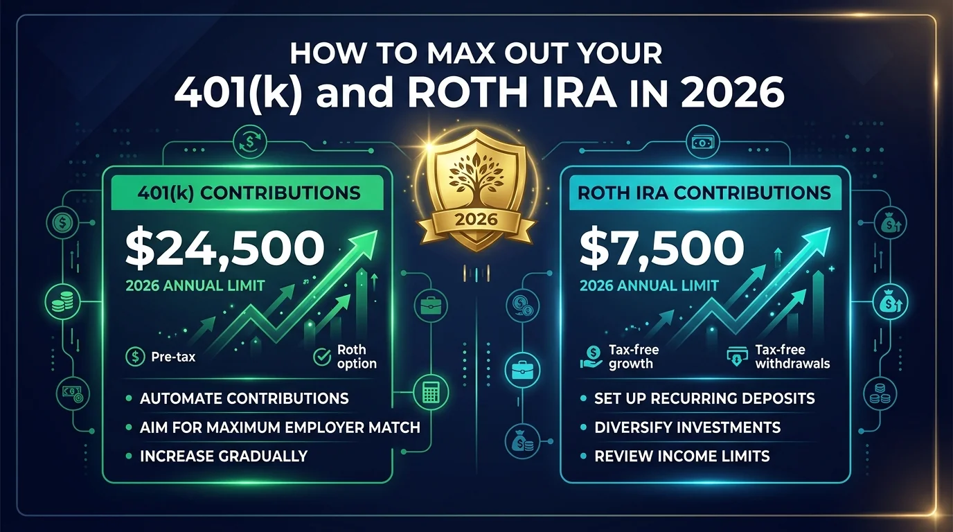 Infographic guide illustrating 2026 contribution limits of 4,500 for 401(k) and ,500 for Roth IRA with execution checklist