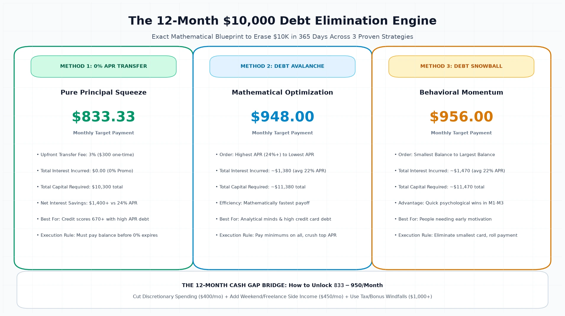 12-month $10k debt payoff blueprint comparison showing monthly payments across 0% APR balance transfer, debt avalanche, and debt snowball strategies