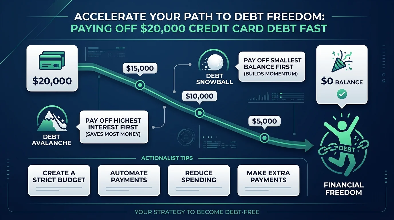 Step-by-step infographic roadmap showing how to pay off 0k credit card debt using debt avalanche and snowball strategies to reach financial freedom