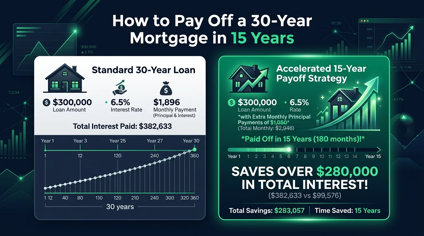 Fintech comparison infographic showing how to pay off a 30-year mortgage in 15 years with extra principal payments and interest savings
