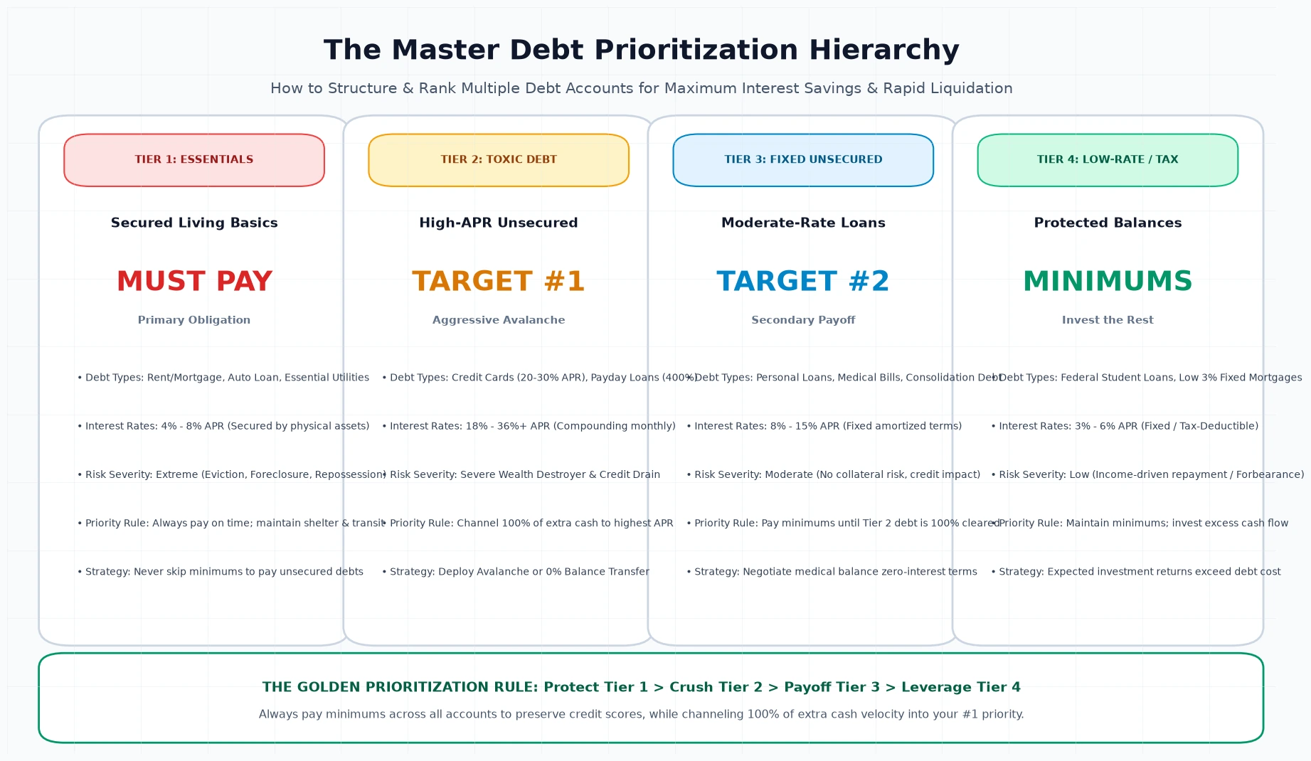 Visual hierarchy framework showing how to prioritize multiple debts across secured essentials, toxic credit cards, and fixed loans