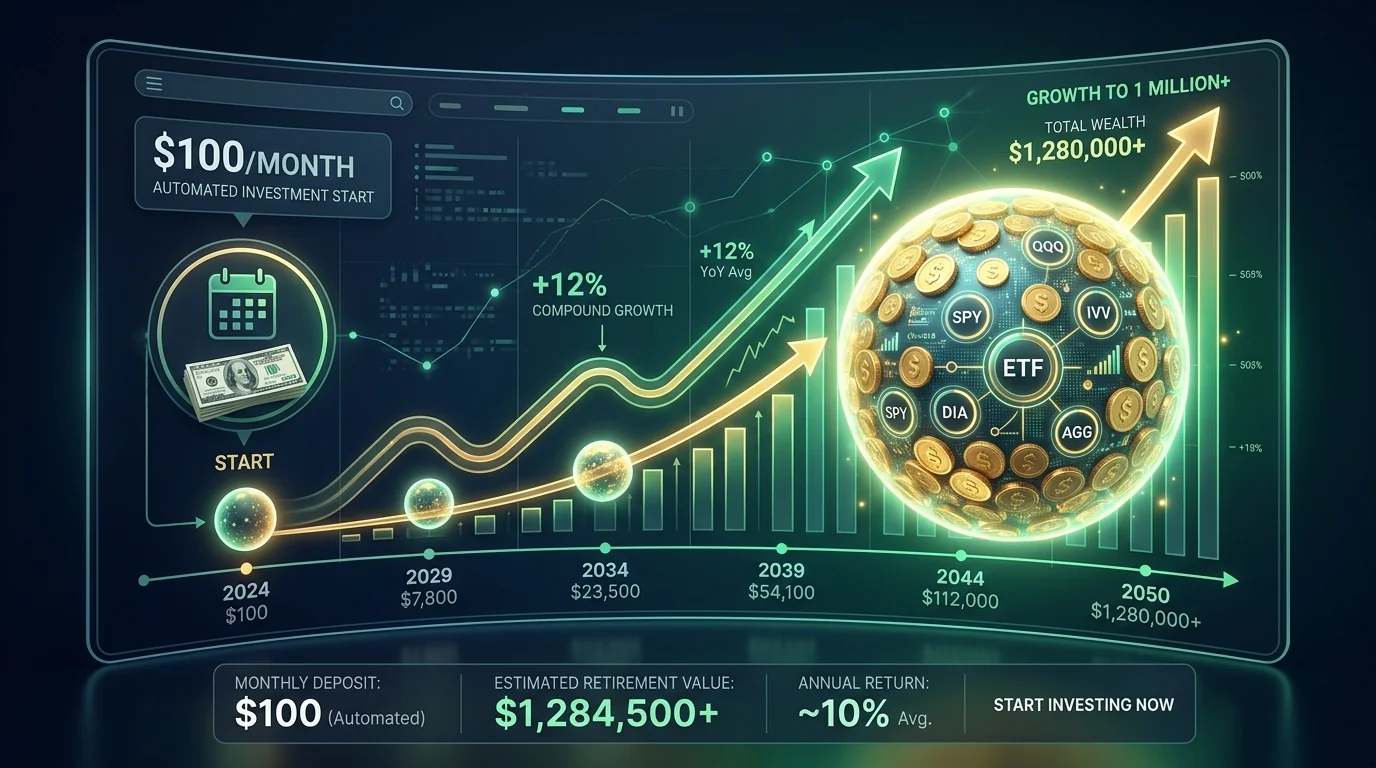 How to start investing with $100 a month automated compounding growth infographic