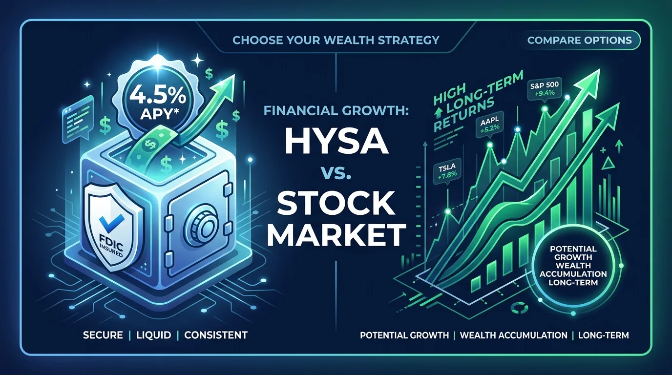 HYSA vs Stock Market comparison infographic showing high yield savings account APY vs stock market index fund returns