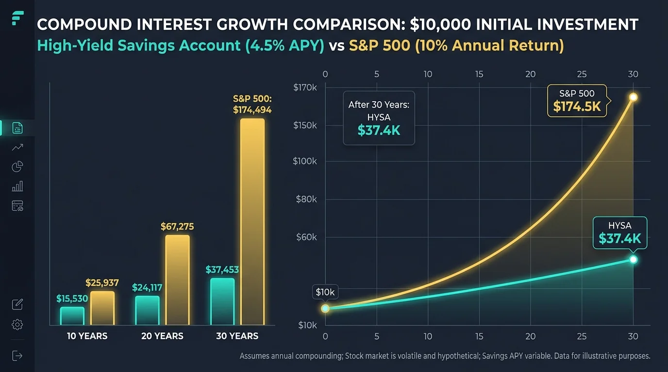 Compound interest growth chart comparing $10,000 invested in HYSA at 4.5% APY versus S&P 500 index fund at 10% return over 10, 20, and 30 years