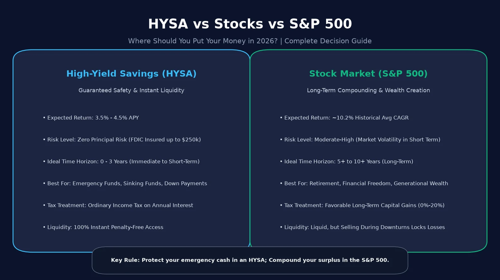 HYSA vs stocks comparison infographic highlighting safety, APY yield, S&P 500 returns, and investment timelines for 2026