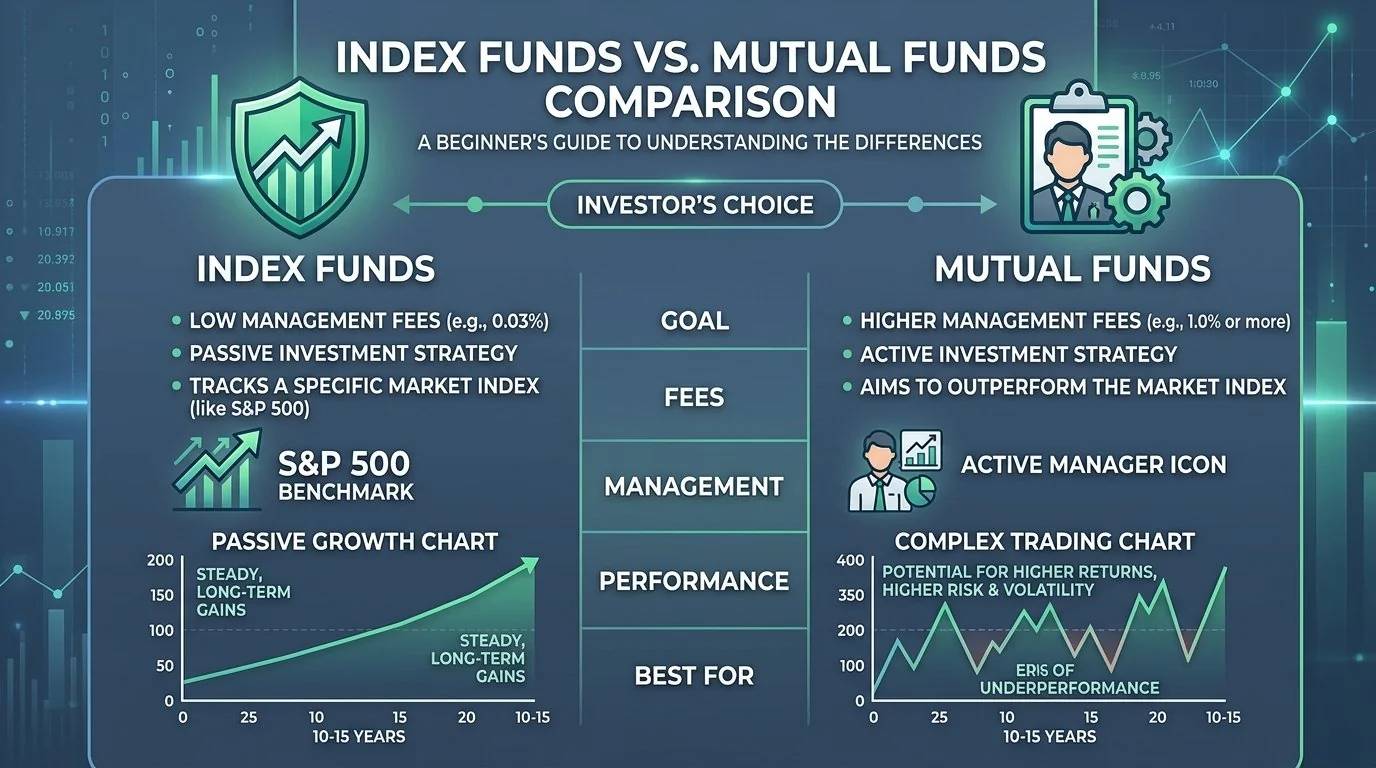 Index funds vs mutual funds comparison infographic showing fee differences and management models