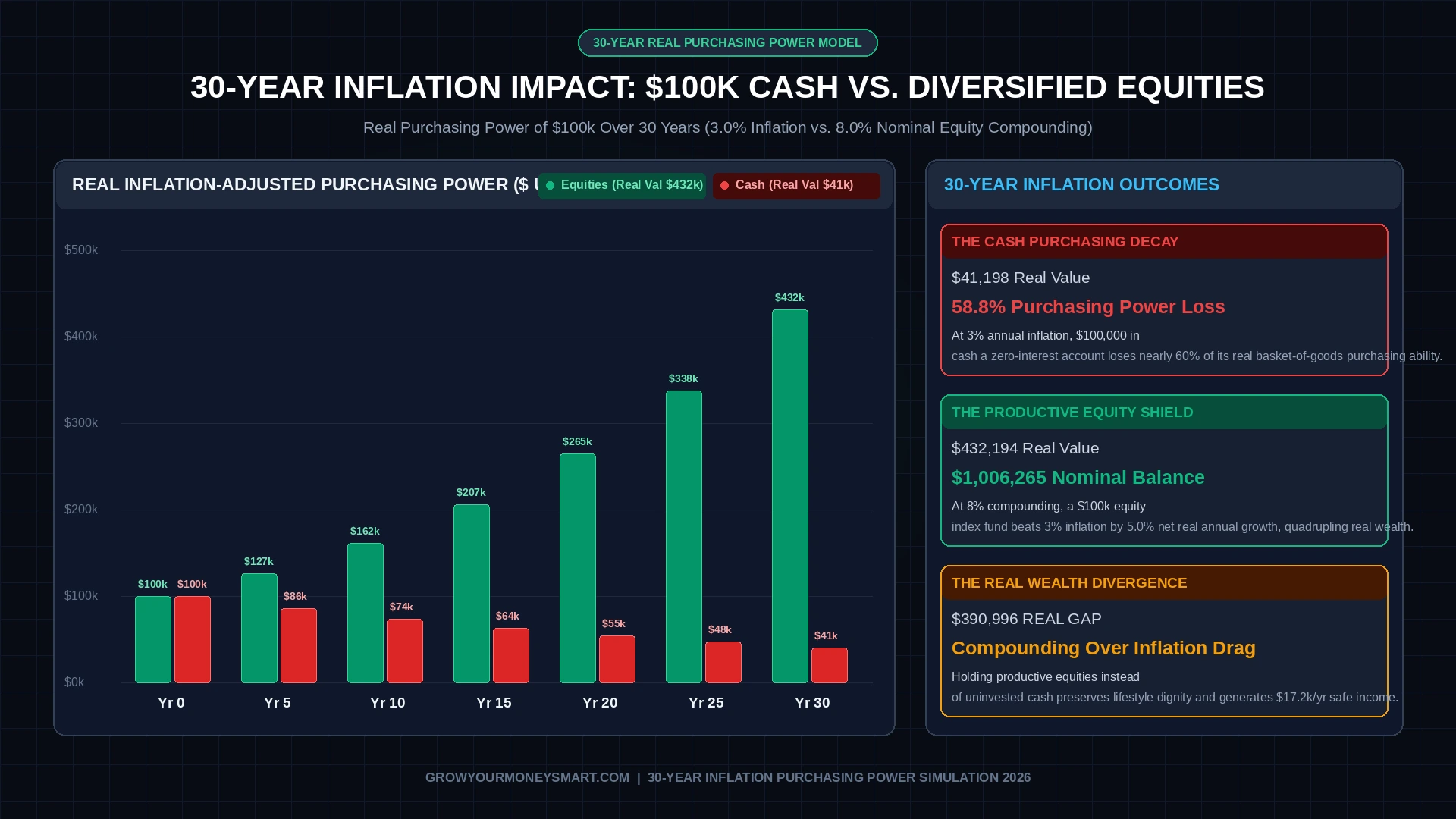 30-year inflation purchasing power simulation chart showing $100k cash declining to $41k real value vs productive equity index portfolio growing to $432k real value.