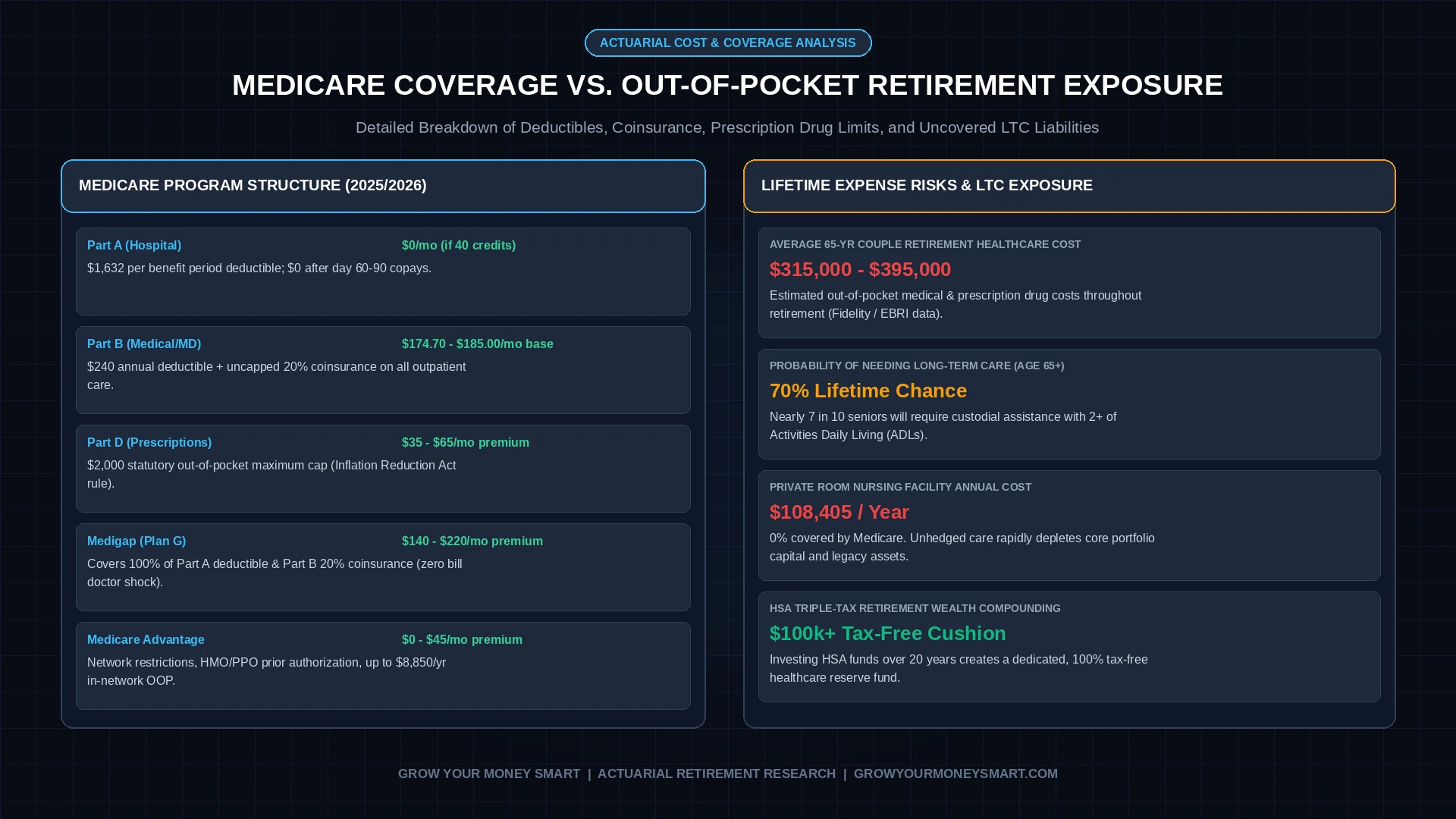 Medicare Coverage vs Out-of-Pocket Healthcare Costs in Retirement Data Chart detailing Part A B D deductibles and LTC liabilities
