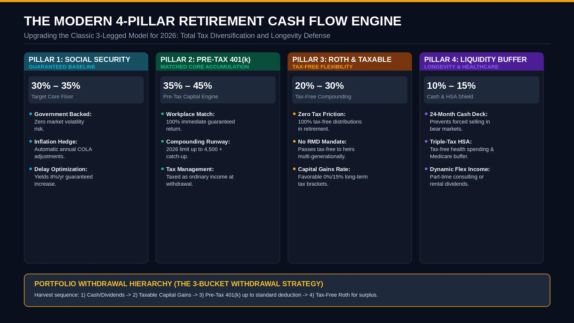 Infographic diagram detailing the modern 4-pillar retirement cash flow engine with Social Security, 401k, Roth IRA, and Healthcare HSA liquidity buffers