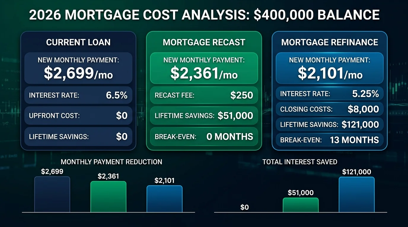 Data analytics chart illustrating $400,000 mortgage cost analysis comparing baseline payment, recast monthly savings, and refinance break-even math