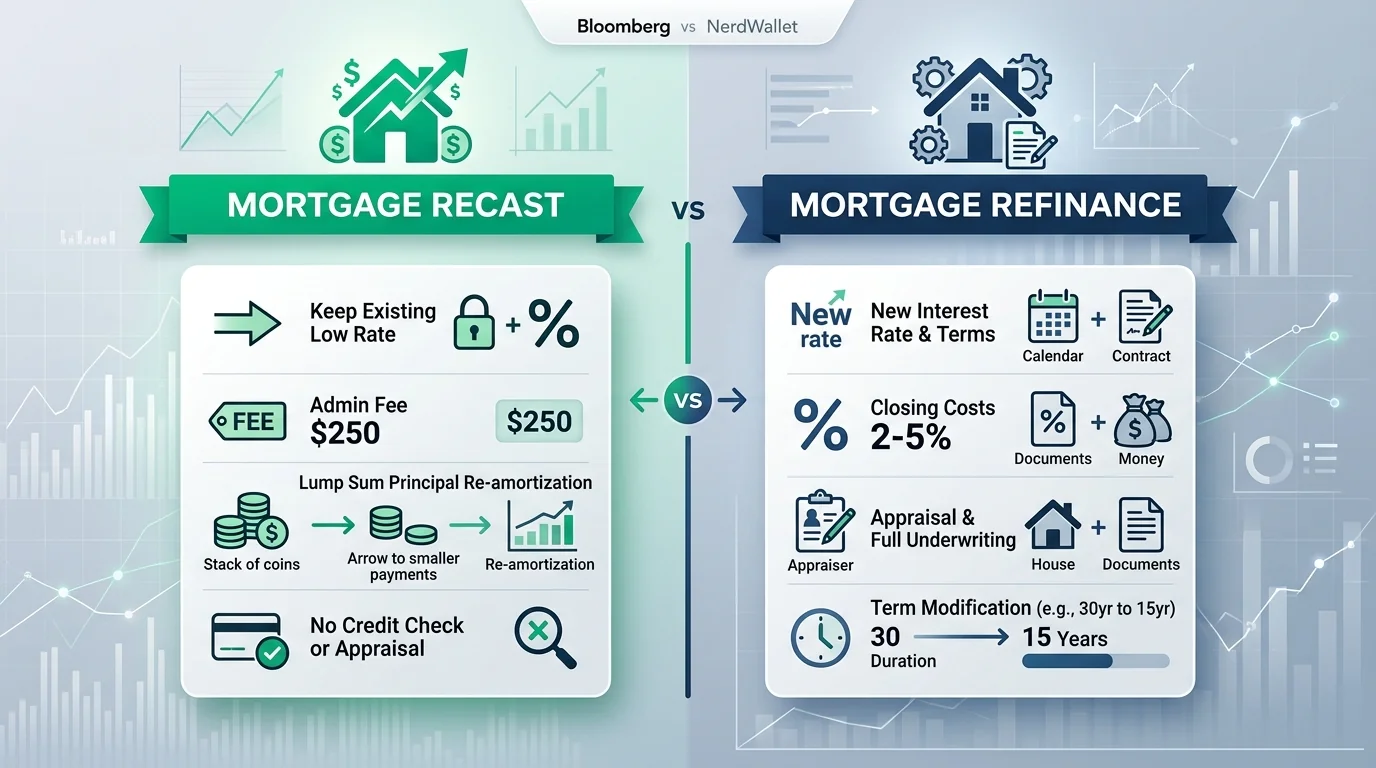 Fintech comparison infographic of mortgage recast vs refinance showing administrative fee savings, interest rate lock, and loan restructuring terms