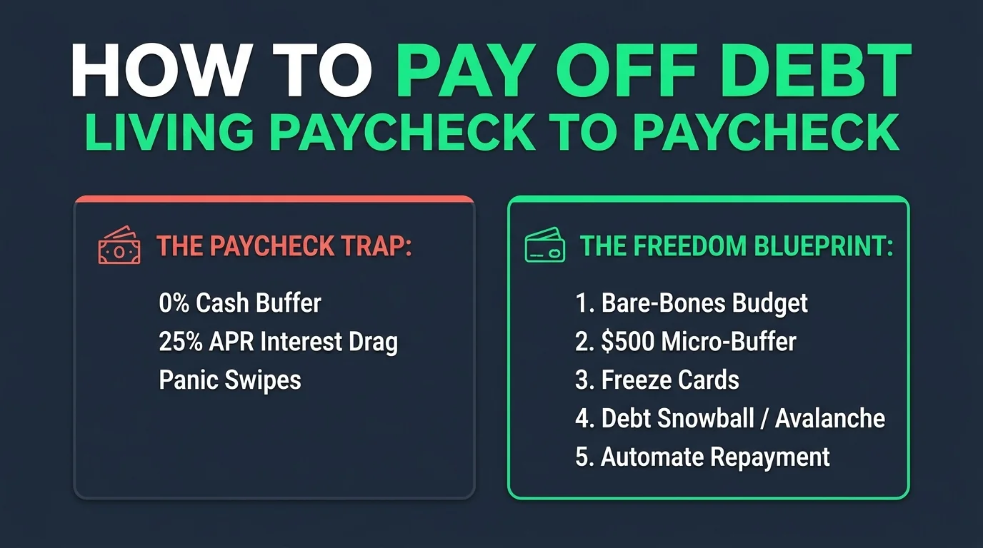 Fintech comparison infographic showing the paycheck trap of 0 percent cash buffer vs the 5 step freedom blueprint to pay off debt living paycheck to paycheck