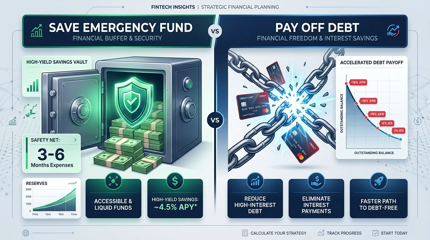 Fintech infographic comparing emergency fund high yield savings vault against aggressive credit card debt payoff and interest rate reduction