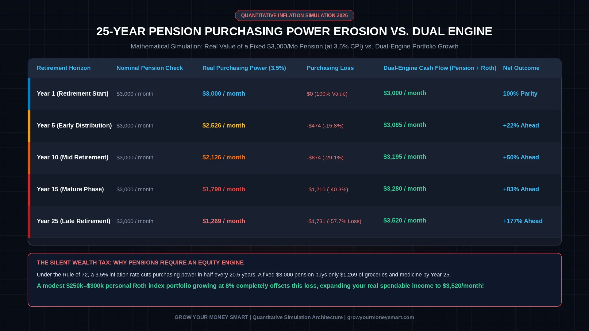 25-year simulation chart showing a fixed 3000 monthly pension decaying to 1269 real value vs dual-engine growing to 3500 monthly purchasing power
