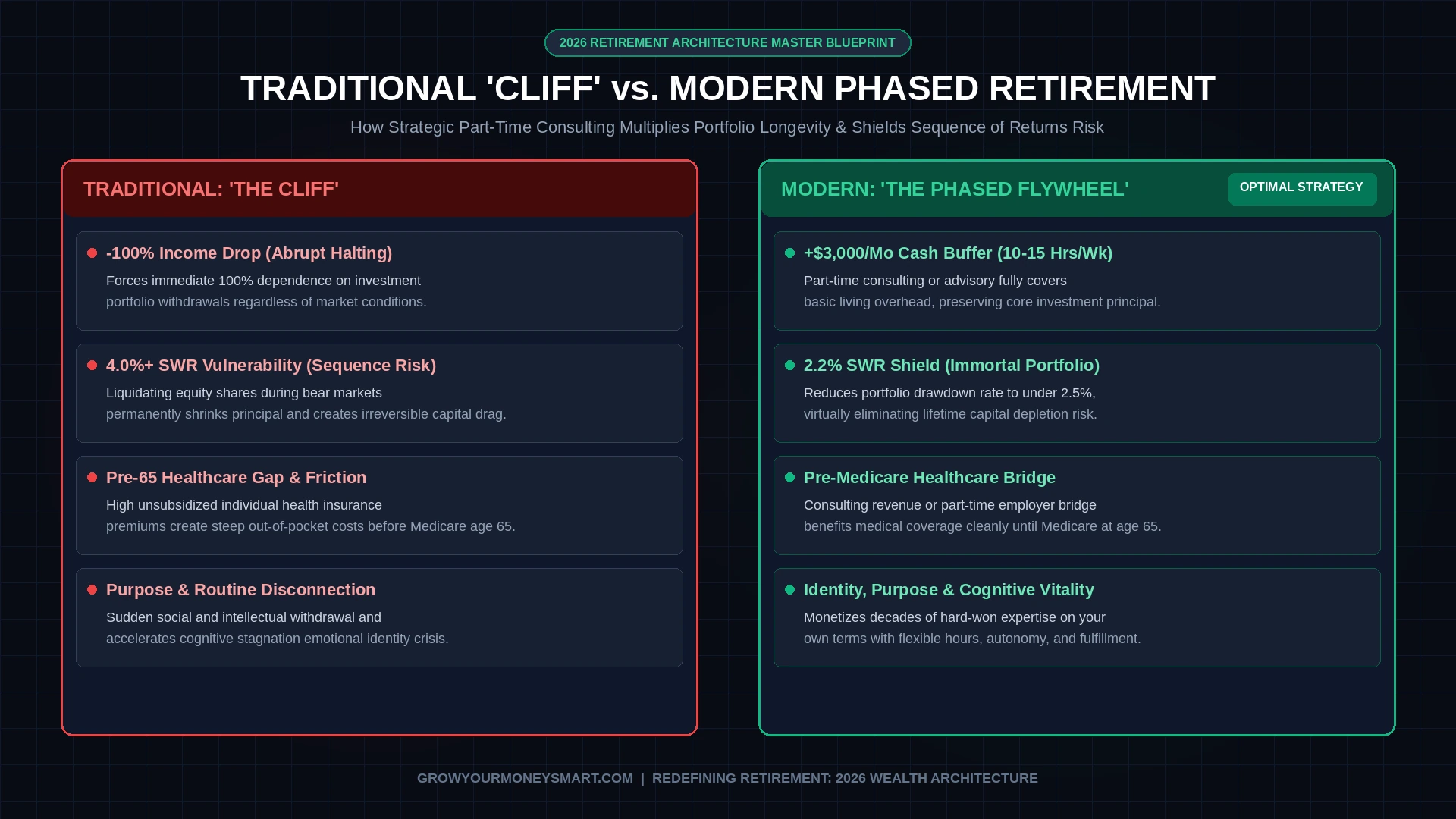 Infographic comparing traditional cliff retirement with 100% income drop against modern phased consulting work models and safe withdrawal buffers