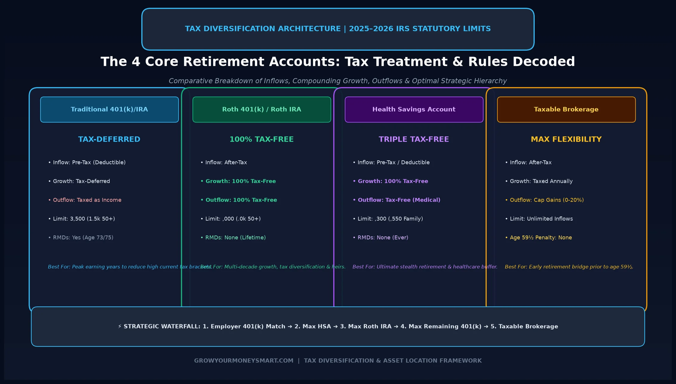 Retirement account types comparison matrix infographic detailing tax treatment and contribution caps for 401k Roth IRA HSA and Taxable accounts