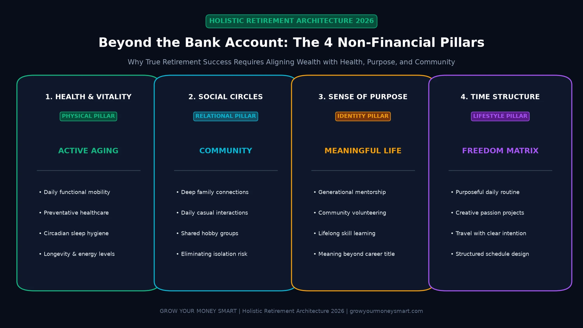 Infographic showing the 4 non-financial pillars of retirement: health and vitality, social circles, sense of purpose, and time structure