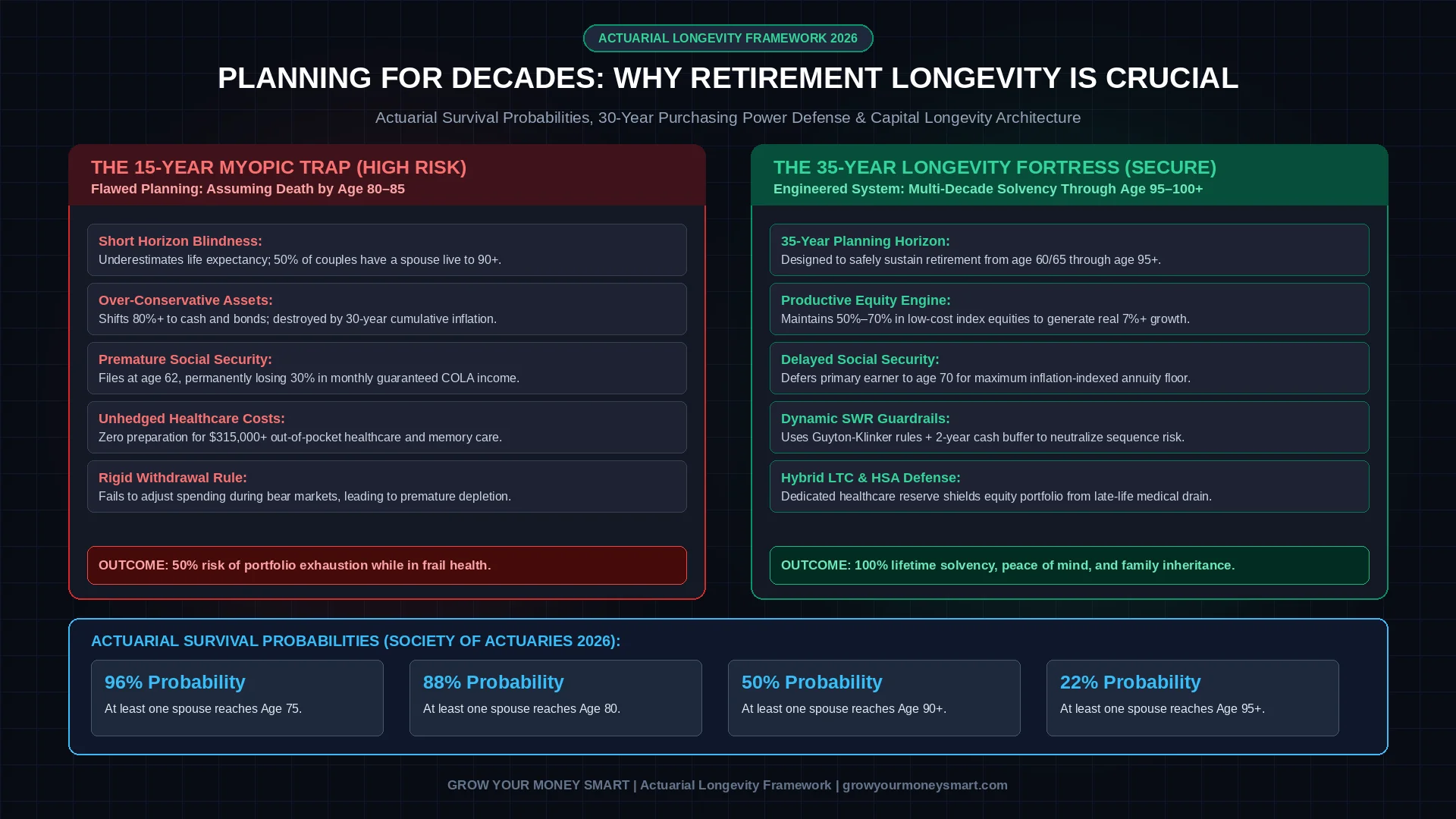 Retirement longevity risk infographic showing survival probabilities for 65 year old couple reaching age 90 and 95