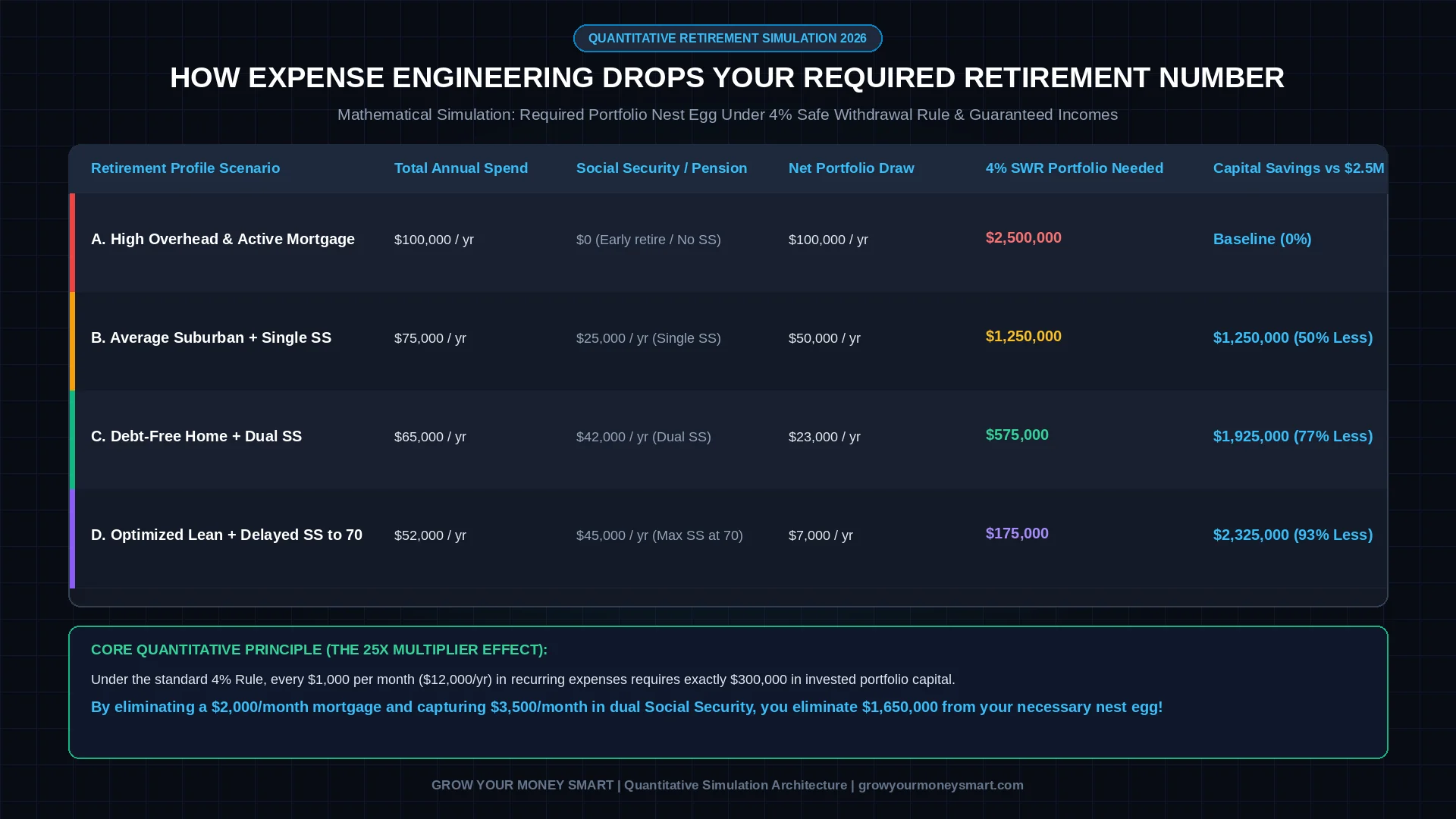 Retirement capital simulation chart showing portfolio nest egg needed across different spending levels from 100k down to 50k annual spend