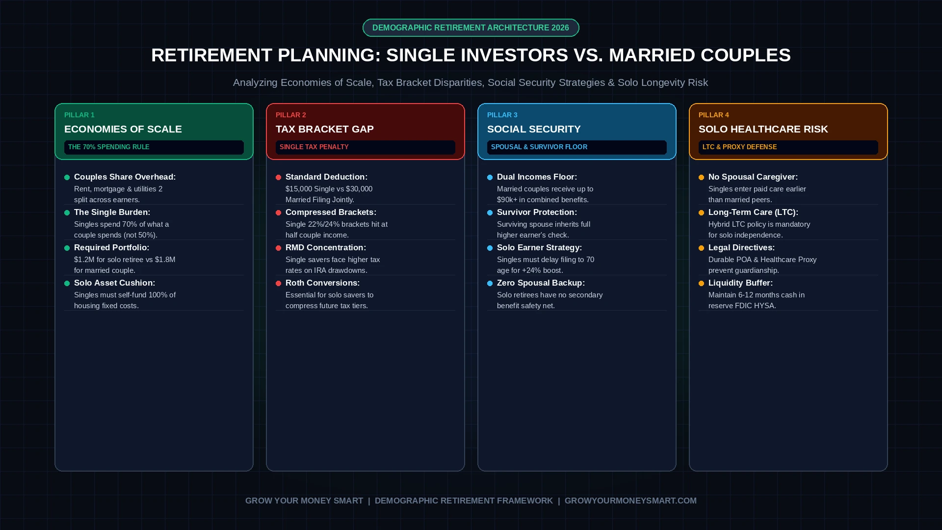 Retirement planning for singles vs married couples infographic comparing economies of scale, tax brackets, and social security strategies