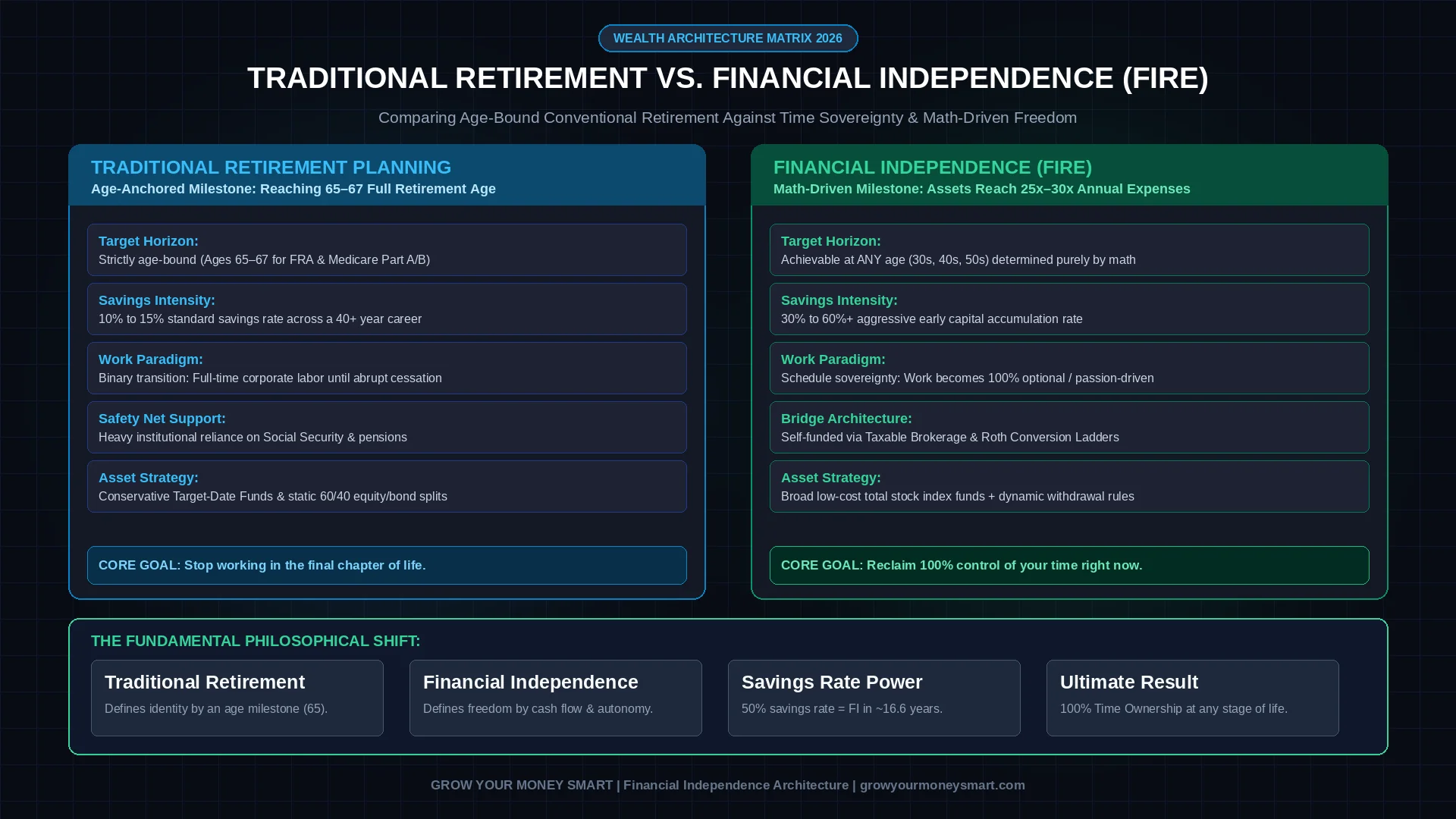 Retirement planning vs financial independence comparison framework showing age-bound retirement vs time sovereignty and early wealth accumulation